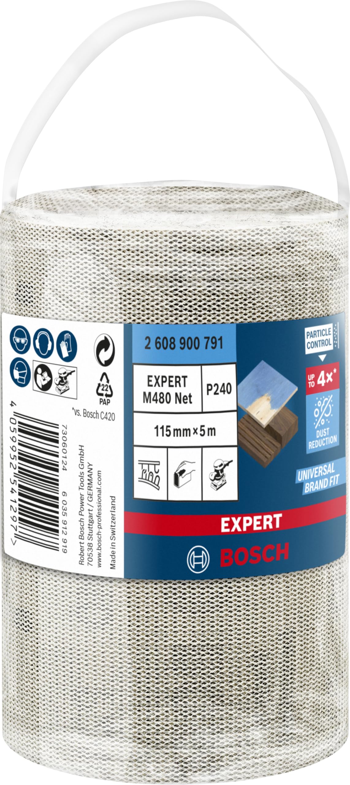 Bosch 1x Rouleaux d'abrasif réticulé EXPERT M480 (pour Peinture sur bois, Bois dur, 115 mm x 5 m, Grain 240, Professional Accessoire Ponçage manuel)