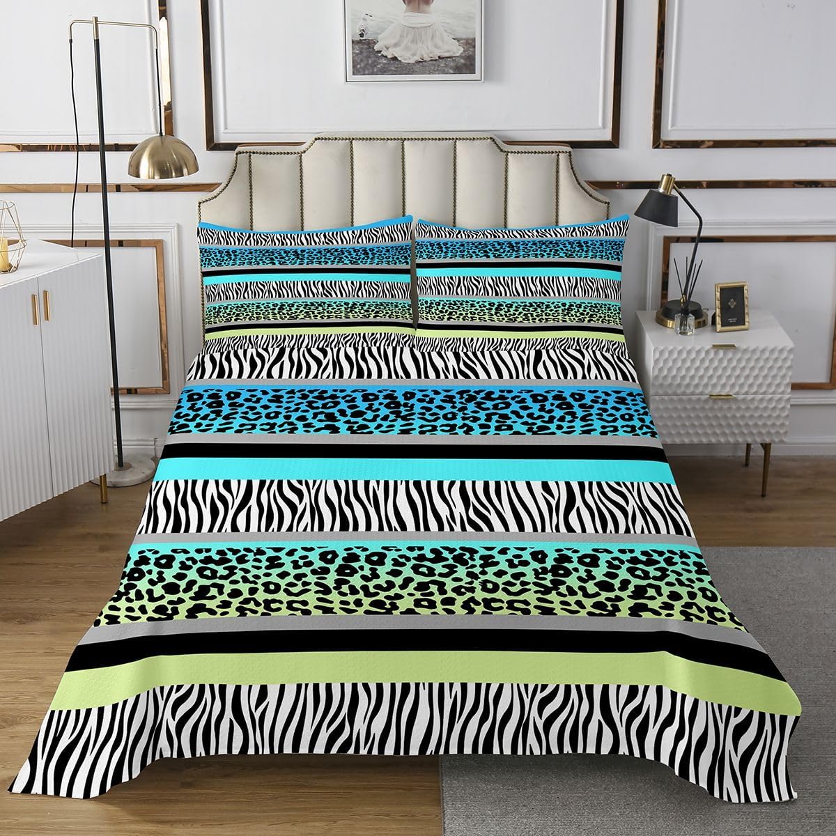 Feelyou Blue Green Ombre Coverlet Set Twin Size, Zebra Leopard Stripes Quilted Coverlet Coverlet Set for Kids Toddler Black and White Striped Bedspread Zebra Cheetah Print Quilted 2Pcs