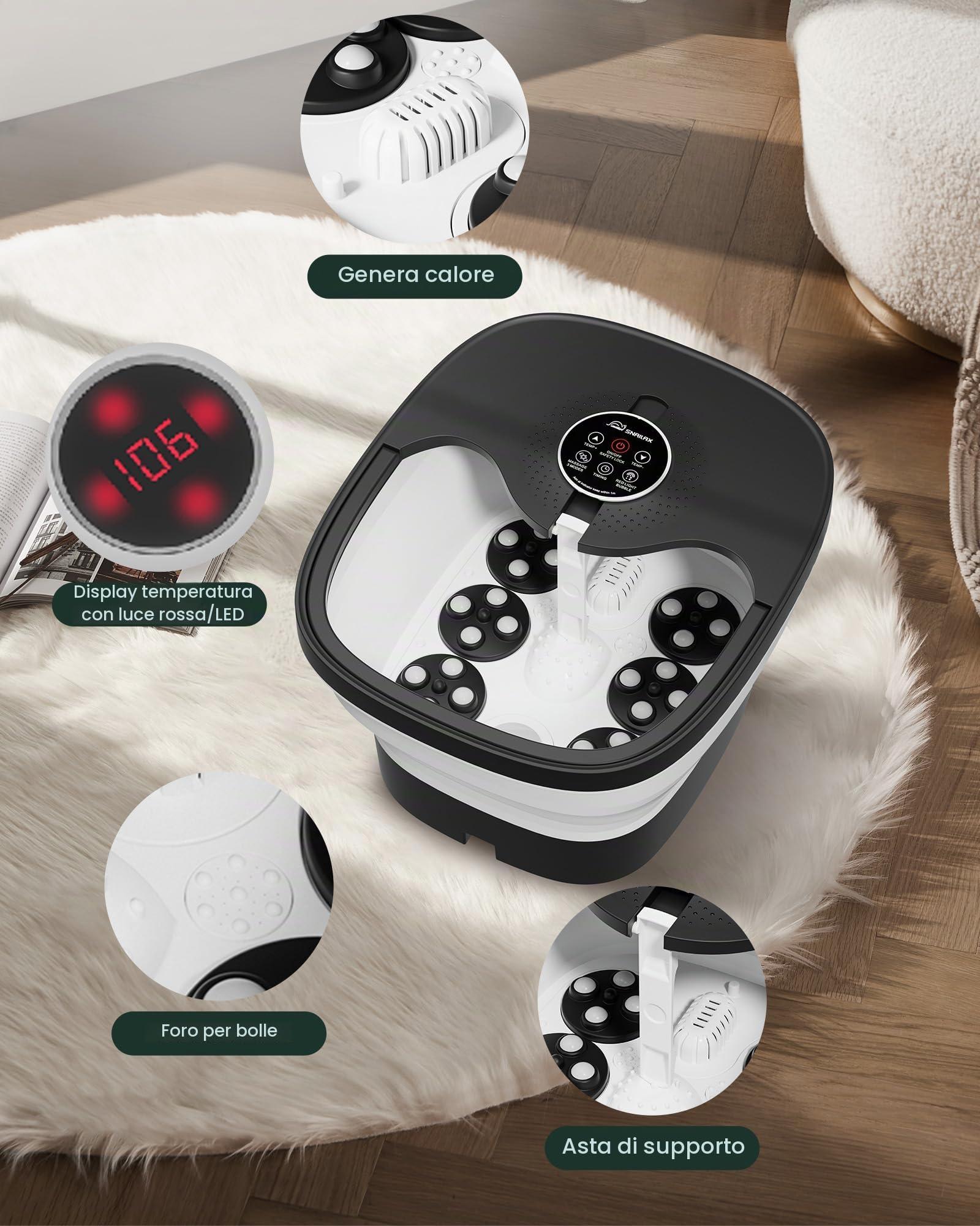 Snailax Pediluvio Massaggiatore con calore, telecomando, rulli massaggianti Shiatsu, bolle, controllo della temperatura, pieghevole, vasca per pedicure