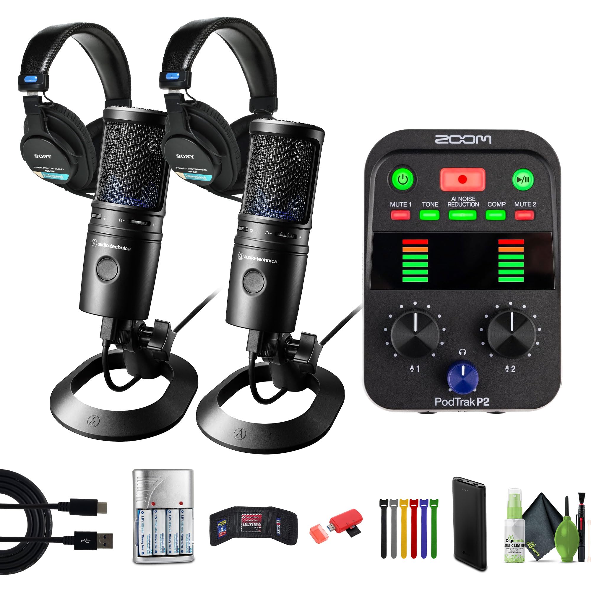 Zoom PodTrak P2 Podcast Recorder 2 USB Mic Inputs Bundle