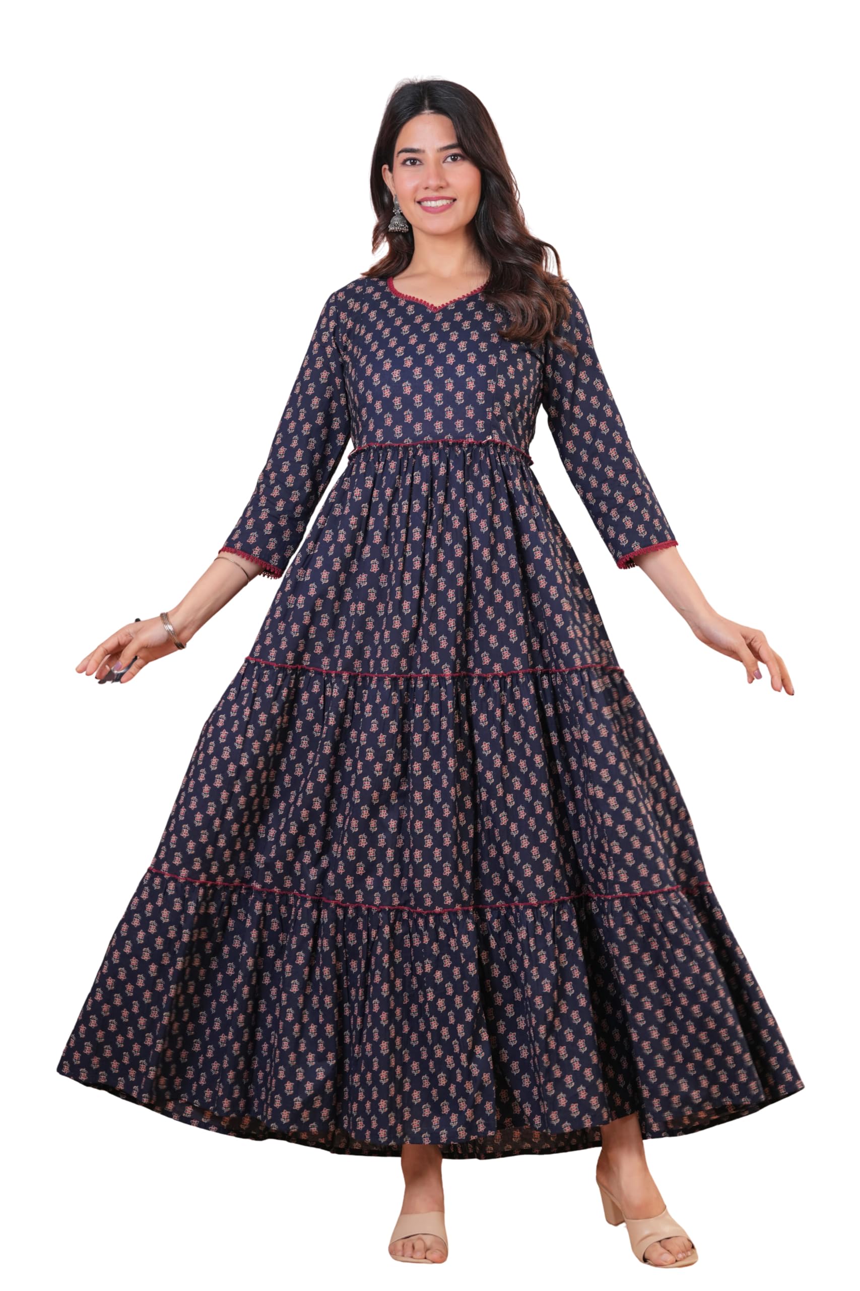 Women Cotton Maternity & Feeding Kurta, Navy Blue Floral Print A-Line Gown, Nursing Friendly, Regular Fit-image-30