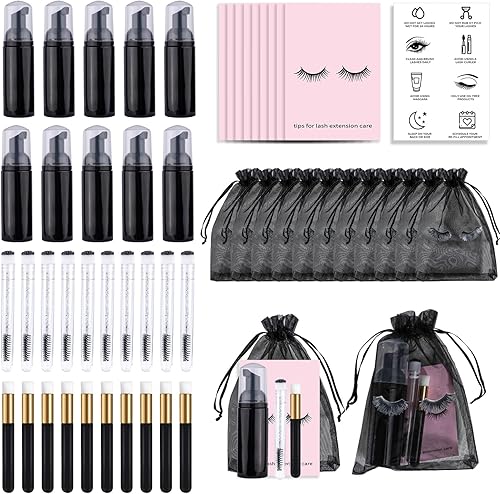 50PCS Lash Shampoo Bottles Brushes Set, Empty Lash Shampoo Bottle, Lash Cleaning Brush, Eyelash Extension Tube Brush, Instructions Cards, Aftercare Bags for Lash Business Clients (50pcs in black)