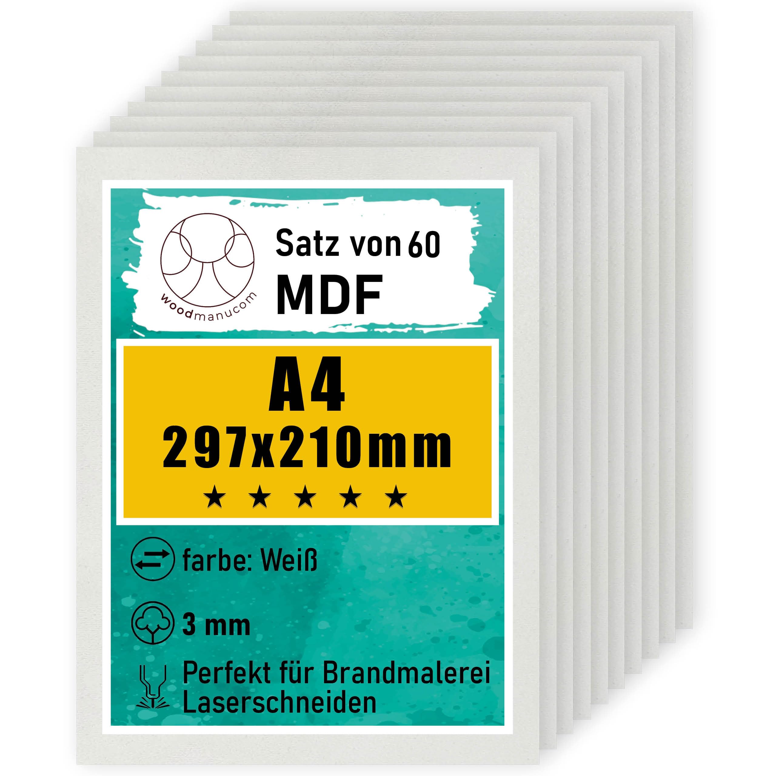 60 Stück weiße A4 MDF Platten | 297 x 210 x 3 mm | Bastelplatte Dünne Holz-Platten | Perfekt für Laser, CNC Router, Laubsäge, Modellierung