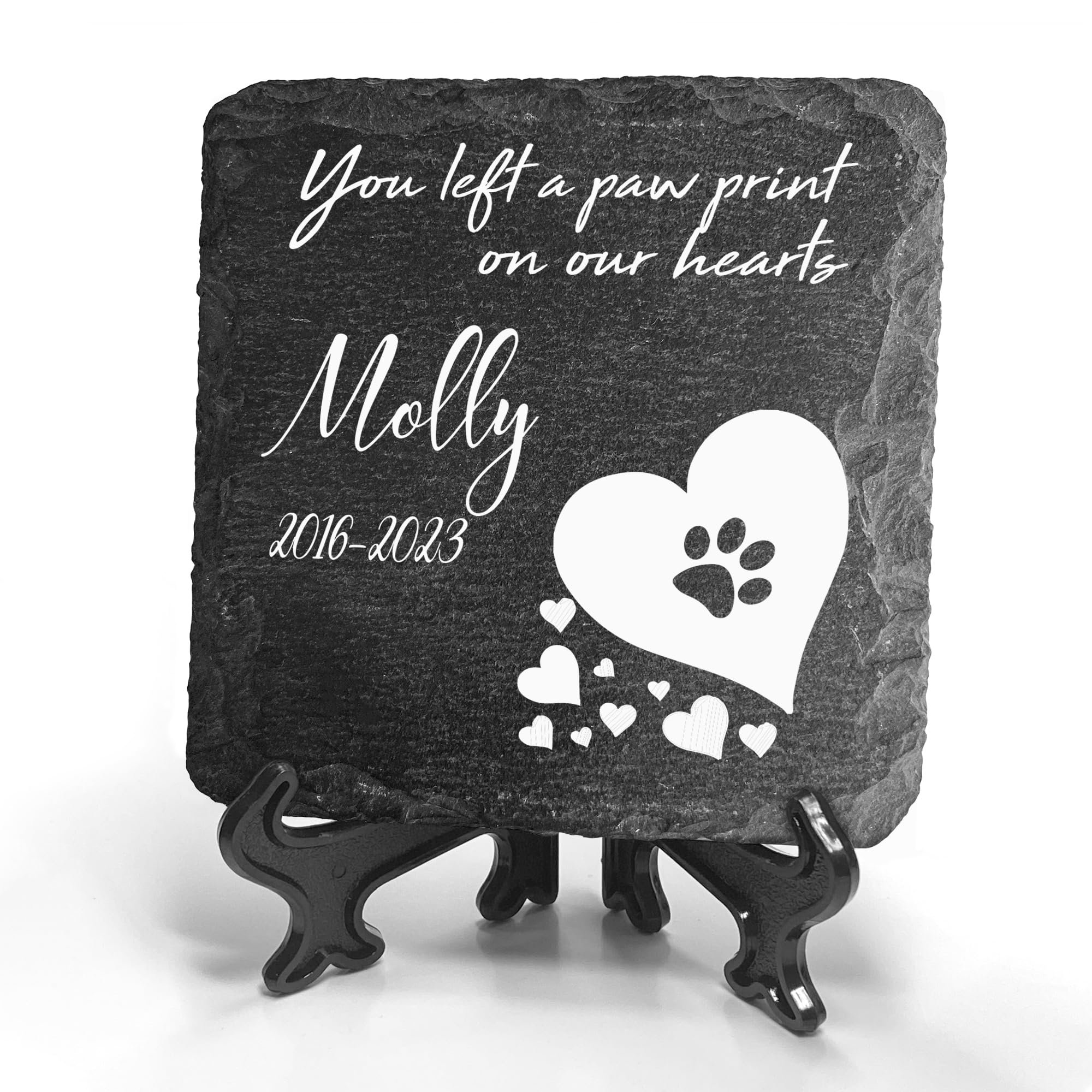 TULLUN Personalised Individual Square Memorial Small Plaque with Display Stand For Pet Cat Dog Slate Stone Frame Paw Grave Marker - Size 5.9" x 5.9" or 150 x 150 mm - White Heart