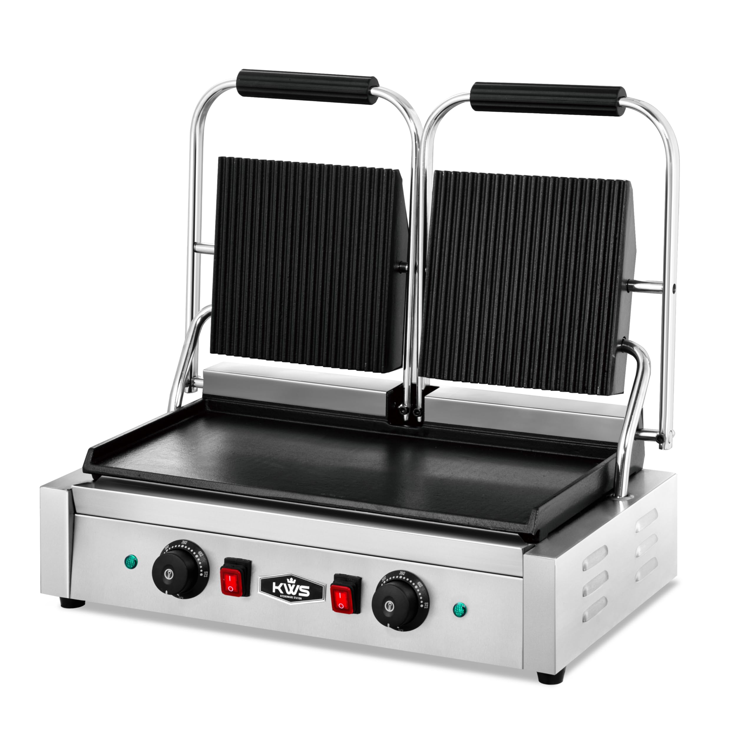 KWS PFM-23 - Prensa eléctrica Panini de 3400 W con parte superior ranurada y parte inferior lisa, superficie de cocción de 19 x 9 pulgadas