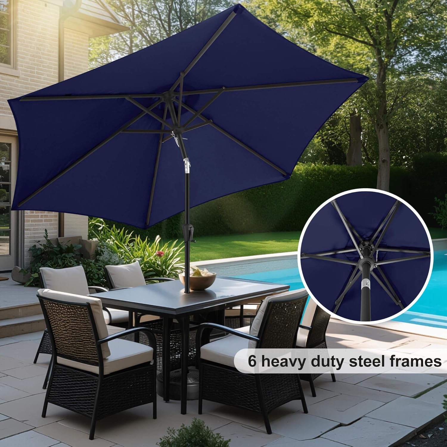 FLAME&SHADE 10ft Patio Umbrella - Outdoor Umbrella with 6 Sturdy Ribs, Push Button Tilt and Crank, UV Protection Table Market Umbrella for Pool, Porch, Garden, Deck, Backyard (Navy Blue)