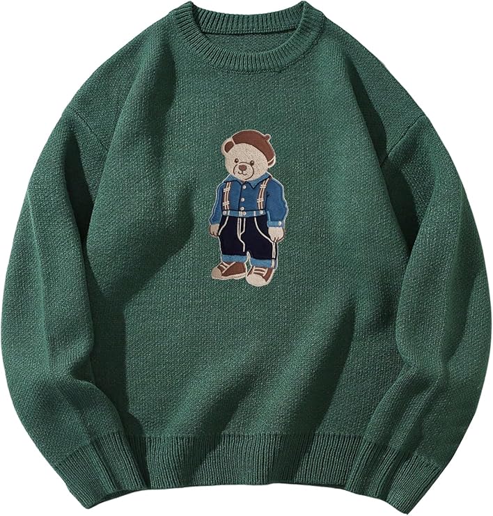 SHENHE Men's Oversized Crew Neck Cute Bear Sweater Vintage Unisex Preppy Graphic Sweater Jumper