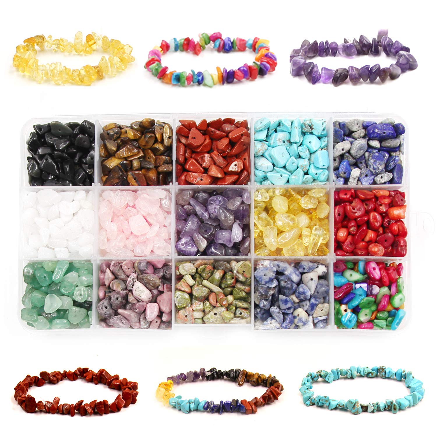 15 Color Crystal Chip Beads Irregular Chips Stone with Holes for Jewelry Making Natural Gemstone Loose Beads Bulk for DIY Craft Earring and Bracelets Making Supplies Healing Crystal Stone Box Kit