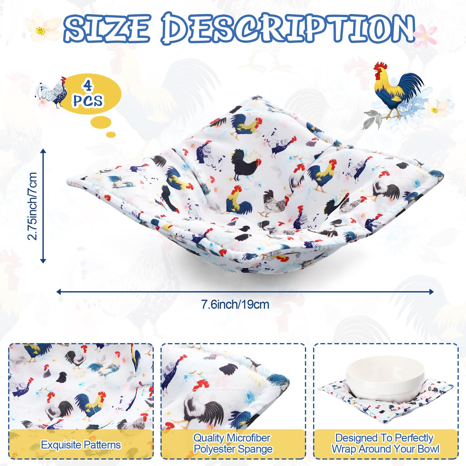 Cunhill 4 Pcs Cotton Microwave Bowl Holders Hot Pads Heat Resistant Potholders Multipurpose Holders Quilted Bowl Cozy for Soup Hot Pads Kitchen Supply(Multi Color,Rooster Style)