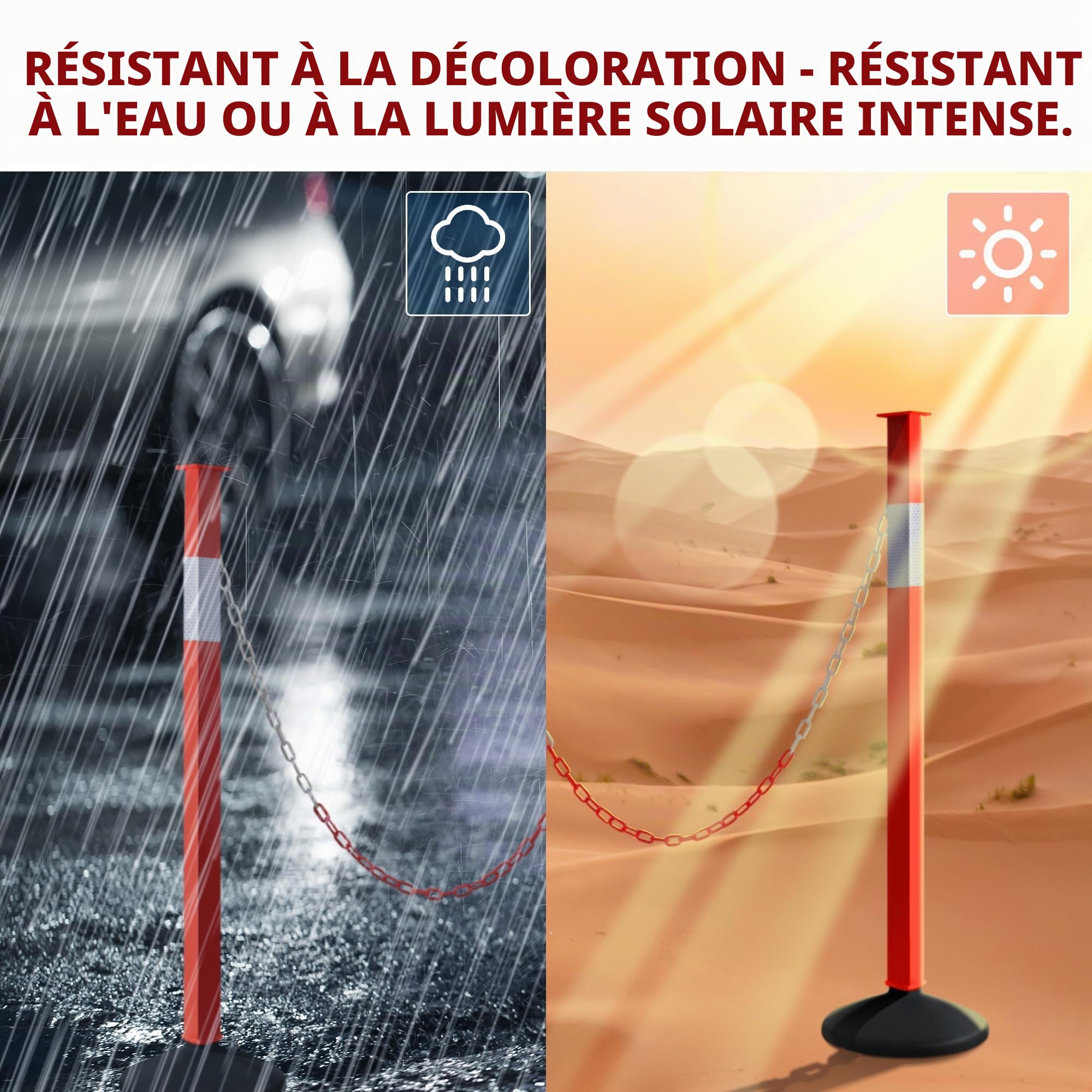 Poteau d'eyeliner avec base lestée et colliers réfléchissants, cônes de stationnement réglables avec chaînes de 4 pieds, poteau de barrière d'entrée de véhicule orange portable pour contrôle
