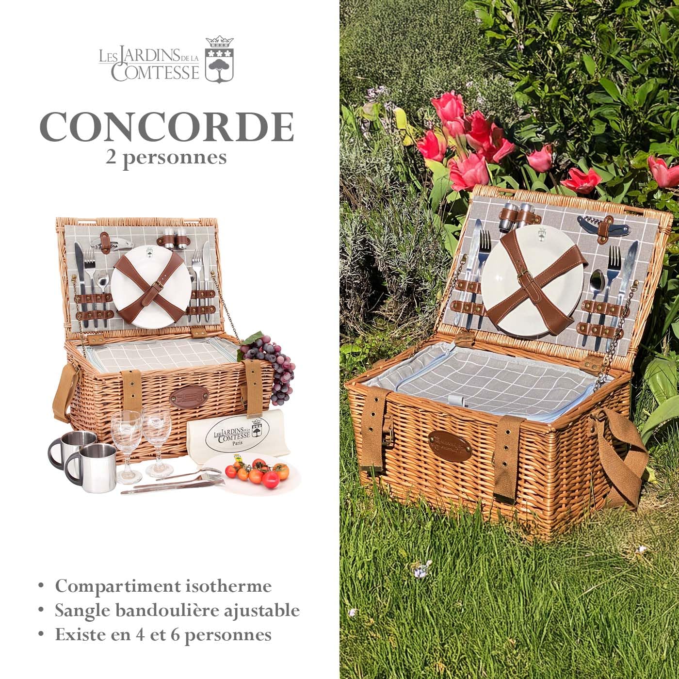 Les Jardins de la Comtesse – Cesta Picnic de Mimbre Concorde – 2 Personas/Nevera isotérmica, Platos, Copas de Vino/Tazas de Metal – Tejido Color Blanco y Gris – 42 x 30 x 23 cm