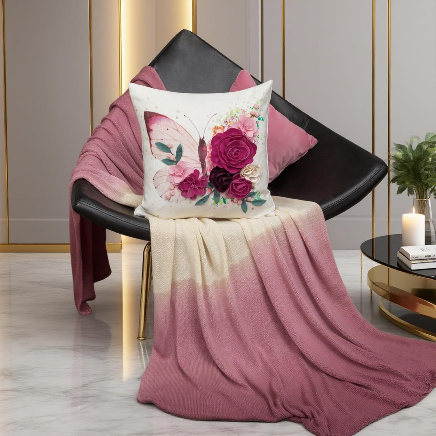 Handmade 3D Floral & Butterfly Decorative Pillow Cover 18x18 Inch Romantic Boho Farmhouse Chenille Pillow Case with Flowers & Watercolor Accents, Spring Home Decor for Couch Bed Living Room Hot Pink - Image 2