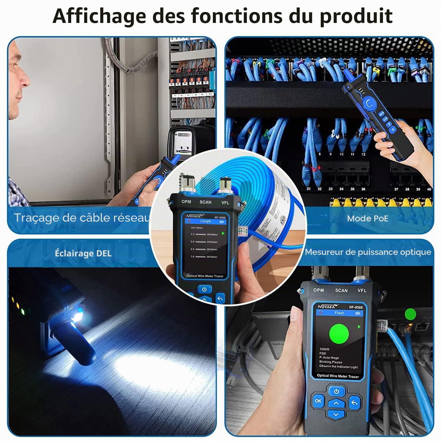 NF-8508 Testeur de câbles réseau avec testeur de puissance optique VFL, PoE, mesure de longueur RJ11/RJ45/CAT5/CAT6, traceur, testeur de fibre optique et outil