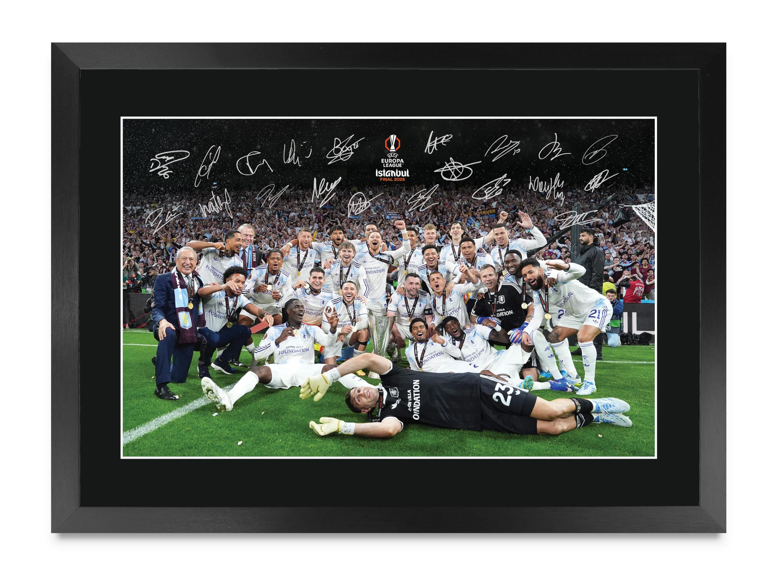 HWC Trading Aston Villa Europea League Winners 2026 Gifts Printed Signed Autograph Picture for Football Fans and Supporters - A3 Framed (ID-009325)
