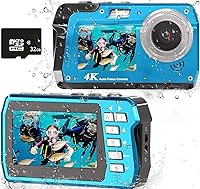Vista 8 de Cámara digital subacuática 4K 48MP impermeable con tarjeta de 32 GB, selfie de doble pantalla (frontal y trasera), buceo de 10 pies/3M para Amarillo