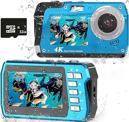 Miniatura 8 de Cámara digital subacuática 4K 48MP impermeable con tarjeta de 32 GB, selfie de doble pantalla (frontal y trasera), buceo de 10 pies/3M para