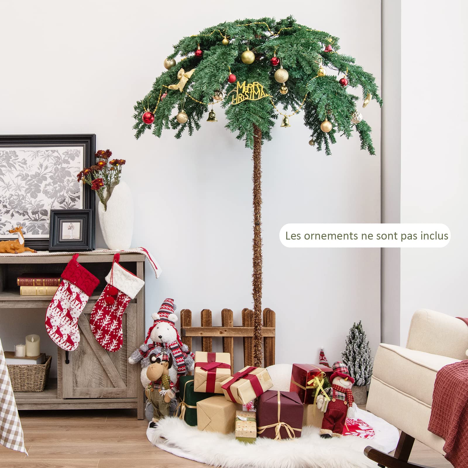 COSTWAY Sapin de Noël Artificiel de 180 cm, Palmier de Noël Pré-Illuminé avec 250 Lumières LED Blanc Chaud, 813 Branches, Structure à Charnière, Support, pour Porche, Maison