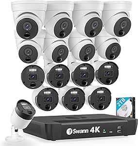 Swann 4K Master Security Camera System, 8 Bullet 8 Dome IP Cameras, 16-Ch NVR with 2TB HDD, Indoor/Outdoor PoE Wired, 24/7 Home Surveillance, Color Night Vision, True Detect, Spotlights, 1676808B8D asin的图片
