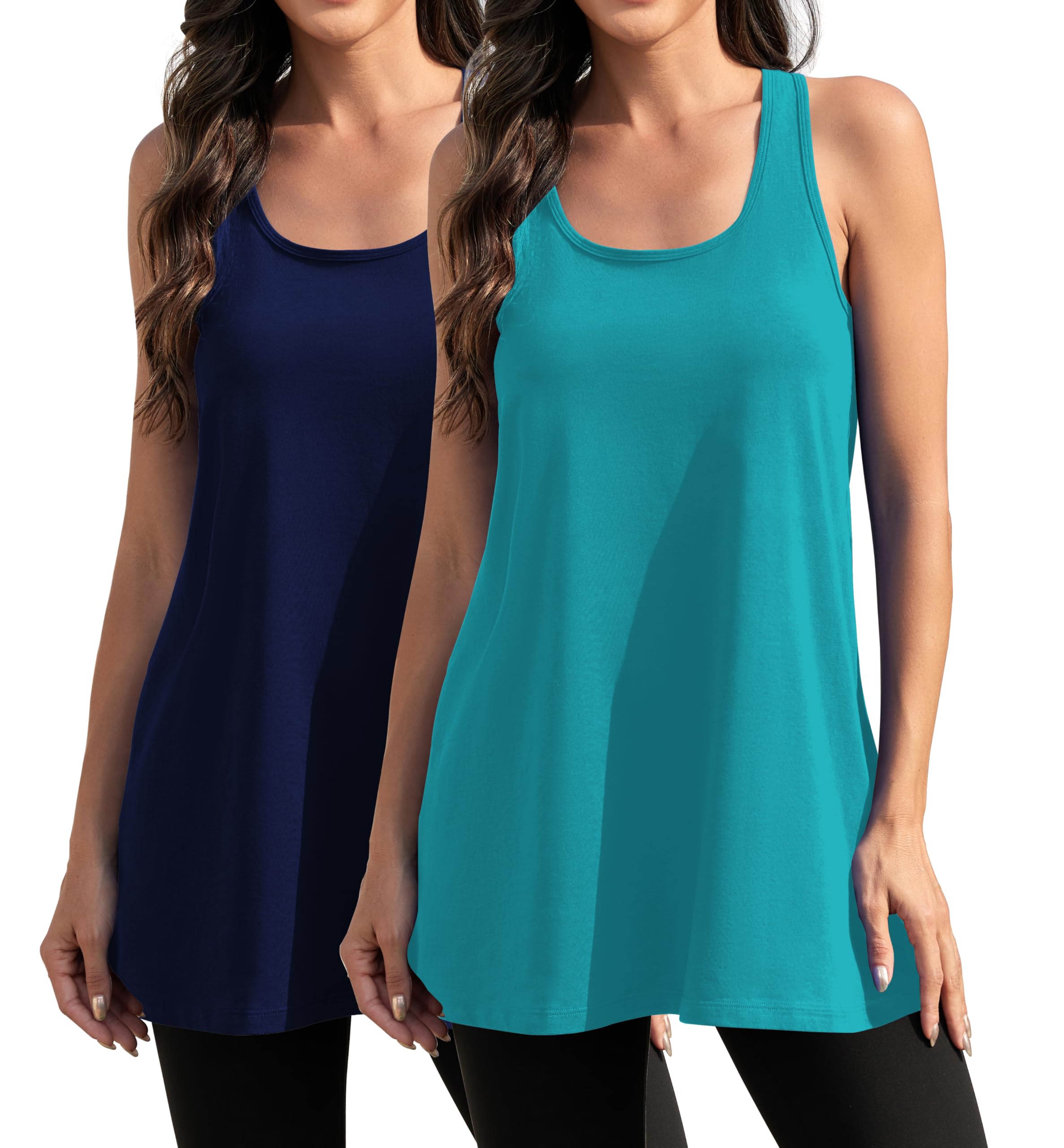 DYLH Tunic Tank Tops for Women Loose Fit Long Athletic Yoga Tops Workout Tops Racerback Cotton Tanks 2 Pack Gym Lightweight Navy Teal