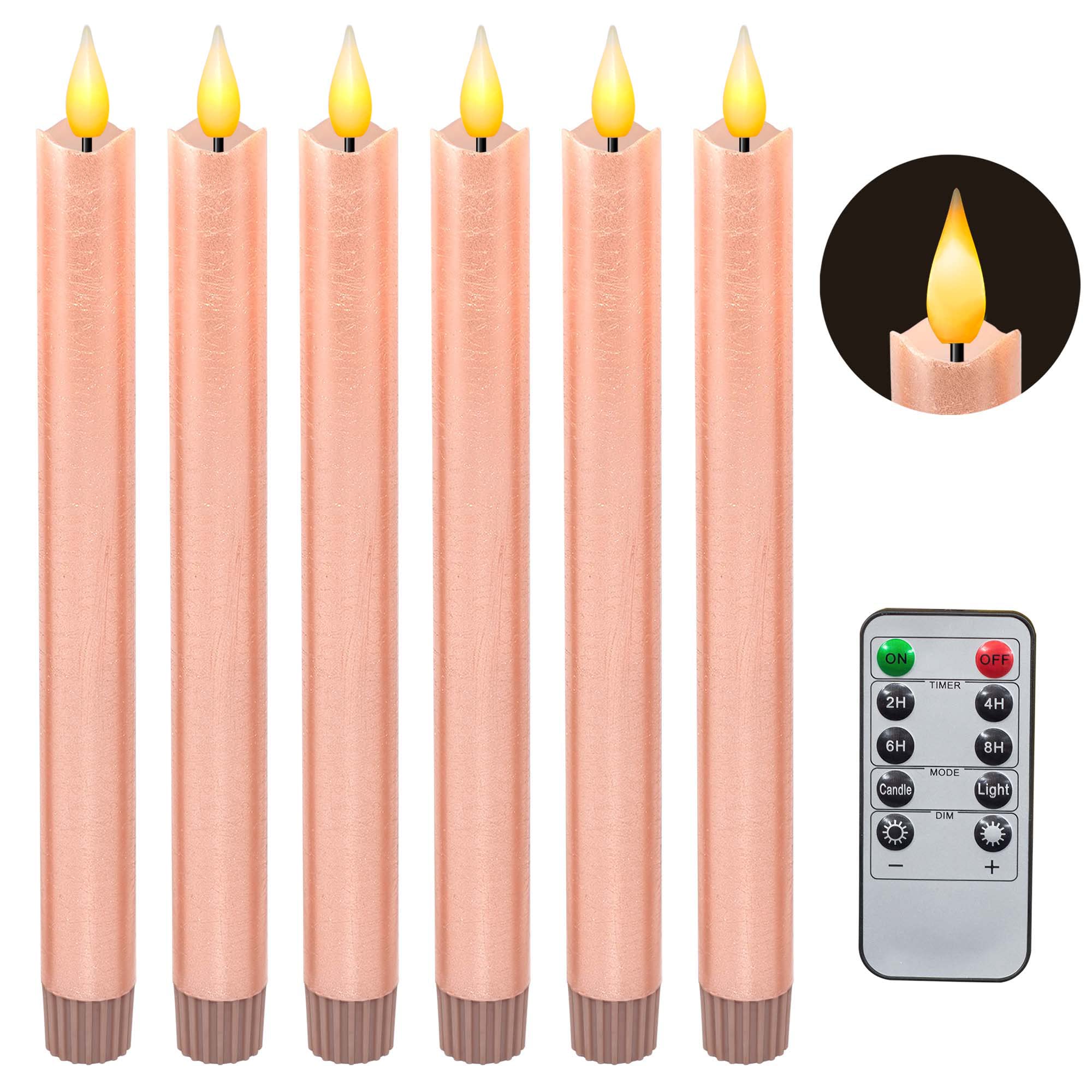Yongmao Flameless Taper Candles Flickering Battery Operated with 10-Key Remote, Real Wax Pink LED Window Candles Electric Candles 3D Wick Warm Light 6PCS for Christmas Home Wedding Decor (Rose Gold)