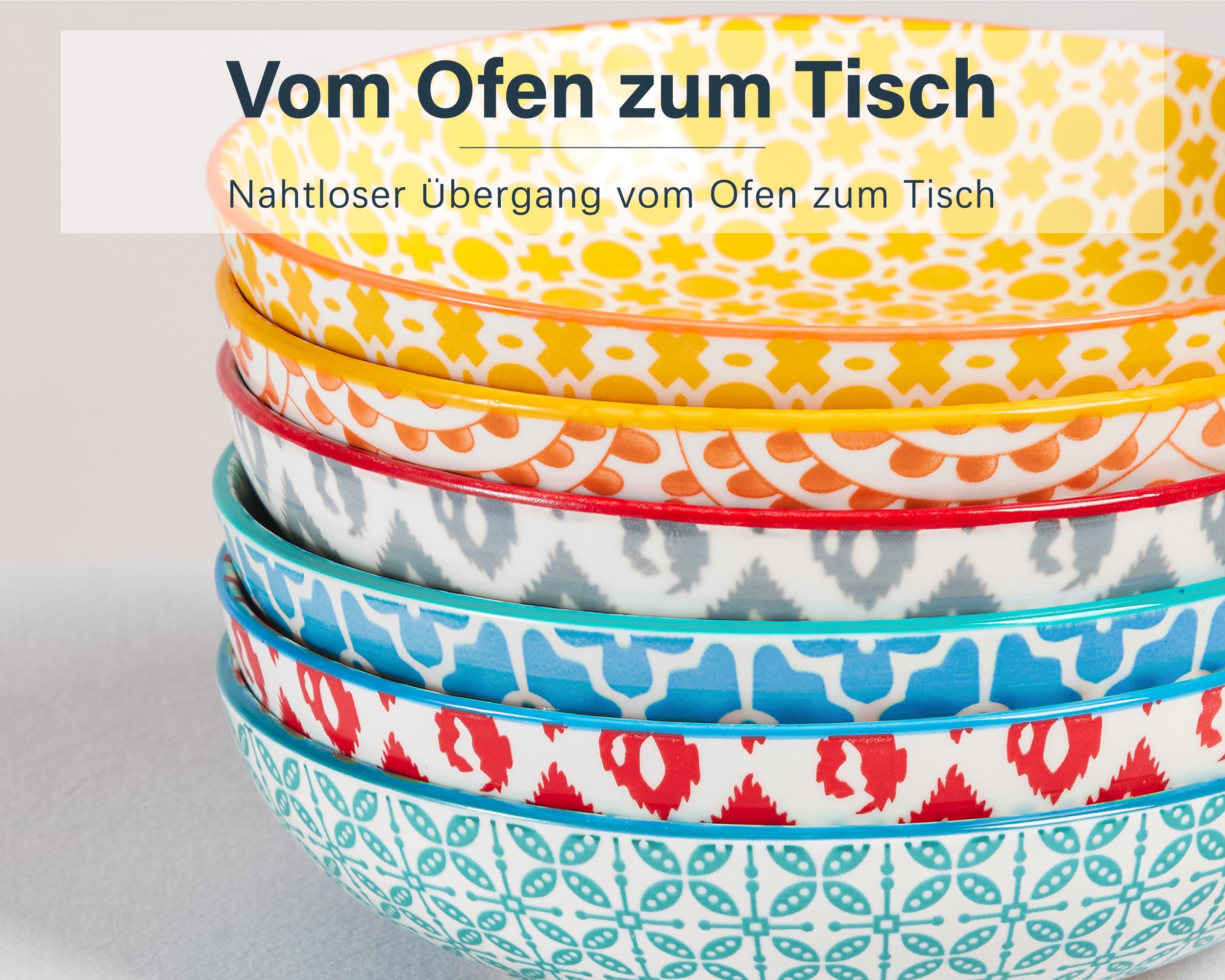 ONEMORE Suppenteller Porzellan, 1065 ml Suppenschalen 6er Set, Servierplatte, RamenSchalen für Nudeln, Salat, Suppe, Haferflocken, Leuchtende Farben