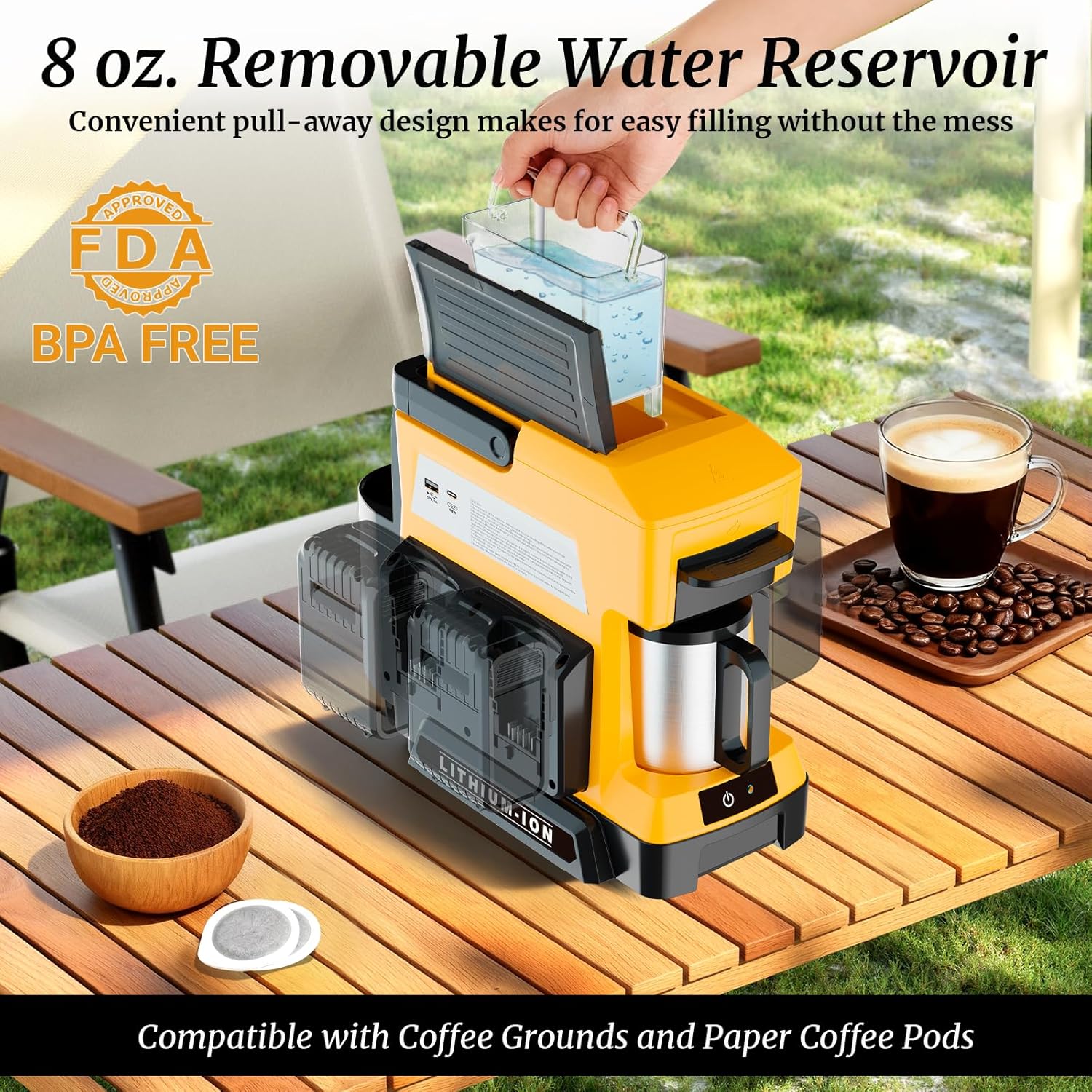 Cordless Coffee Maker for Dewalt 20V MAX Battery, 3 Brewing Options Drip Coffee Maker with Coffee Grinder, Portable Single Serve Coffee Makers for Camping, Travel, and Jobsite. (Tool Only)