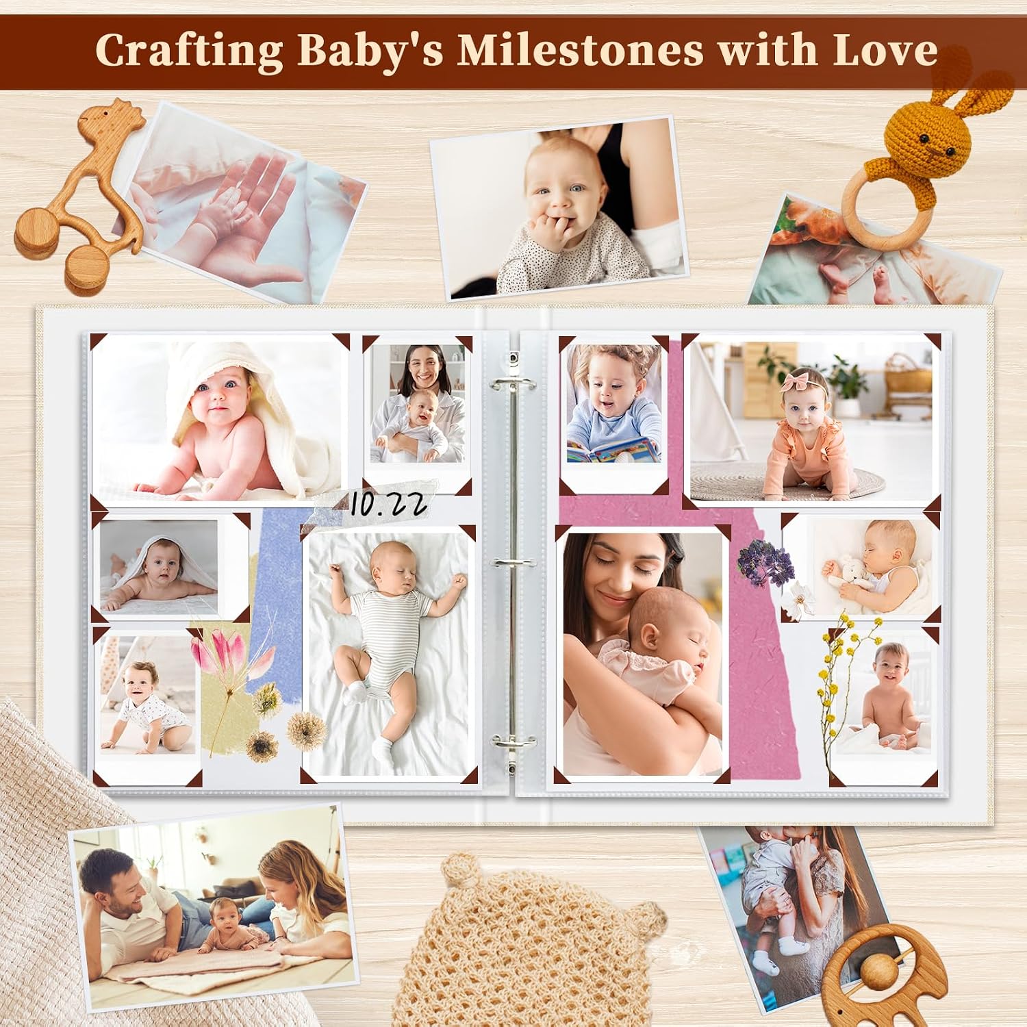 8.5X11 Inch 3 Ring DIY Scrapbook Photo Album, Linen Cover Scrapbooks Photobook with 20 Sheets Plastic Sleeves 40 Pages Blank White Inner Pages for Wedding Birthday Baby Travel Beige