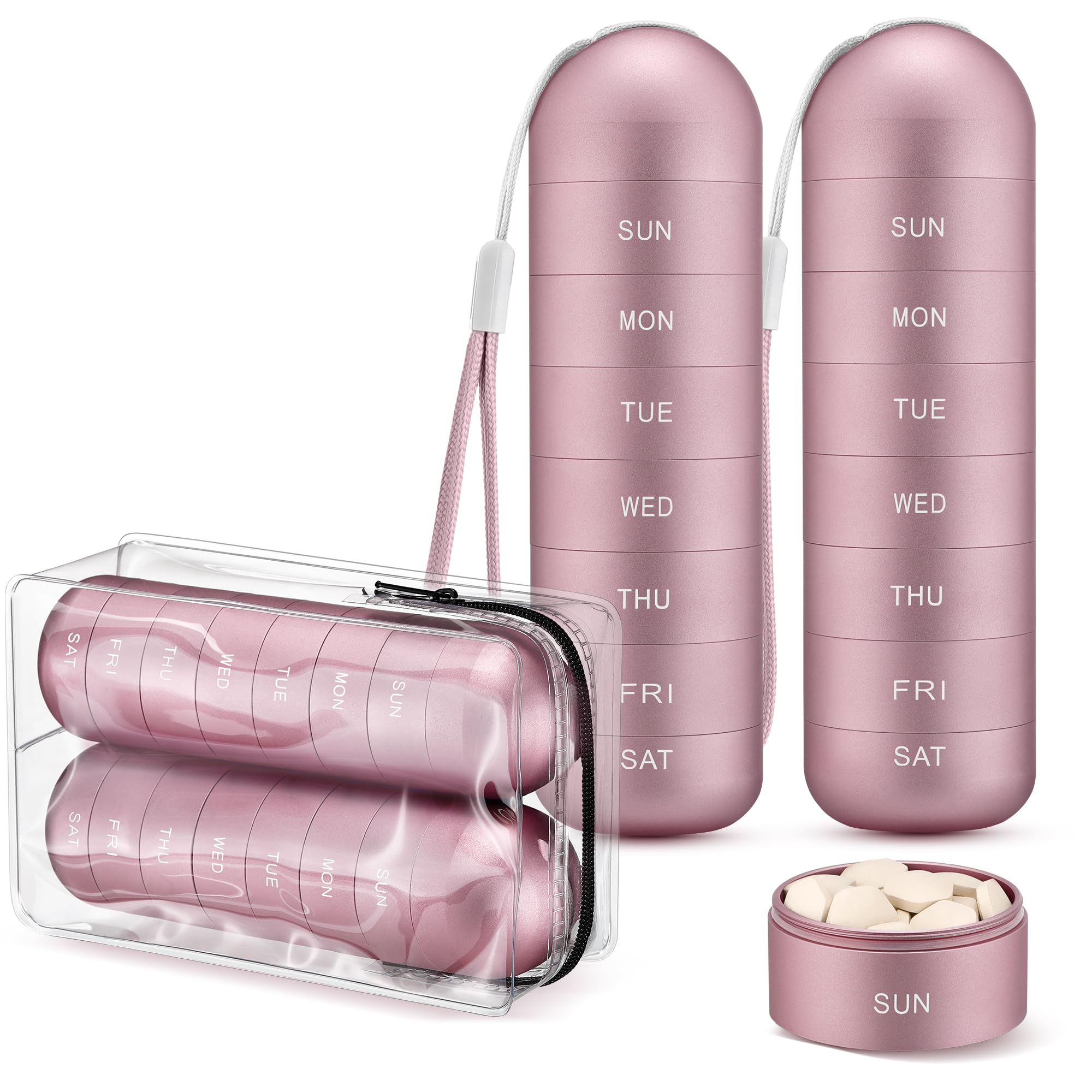 Lot de 2 piluliers Zannaki en métal pour voyage, pilulier hebdomadaire portable et étanche, grand conteneur en alliage d'aluminium, pilulier pour médicaments quotidiens de 7 jours sans BPA pour