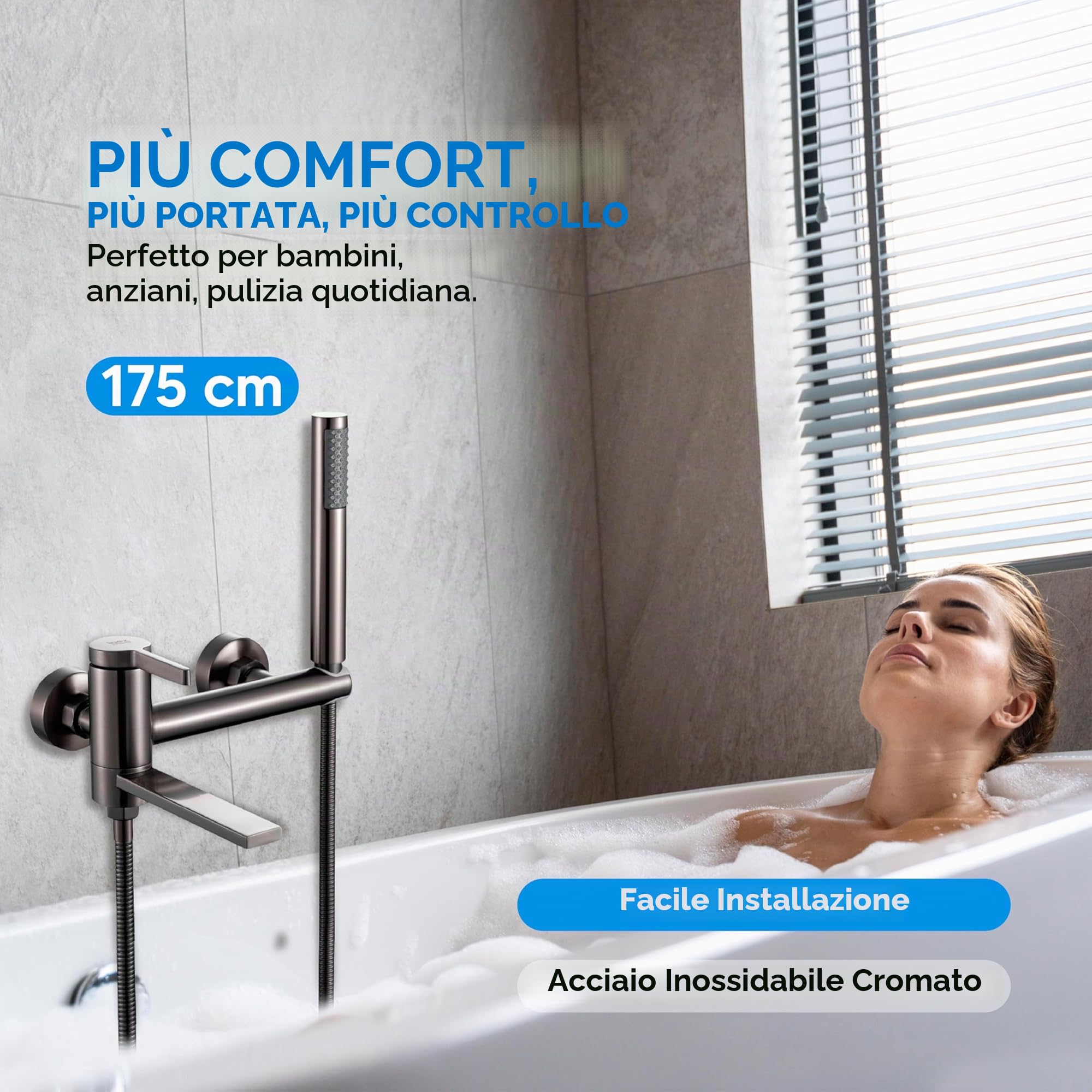 INEX Europa Rubinetto per vasca e doccia a leva singola, modello ED 5555 BS Gry. Include soffione doccia portatile cilindrico, tubo flessibile da 175 cm e supporto rotante integrato.