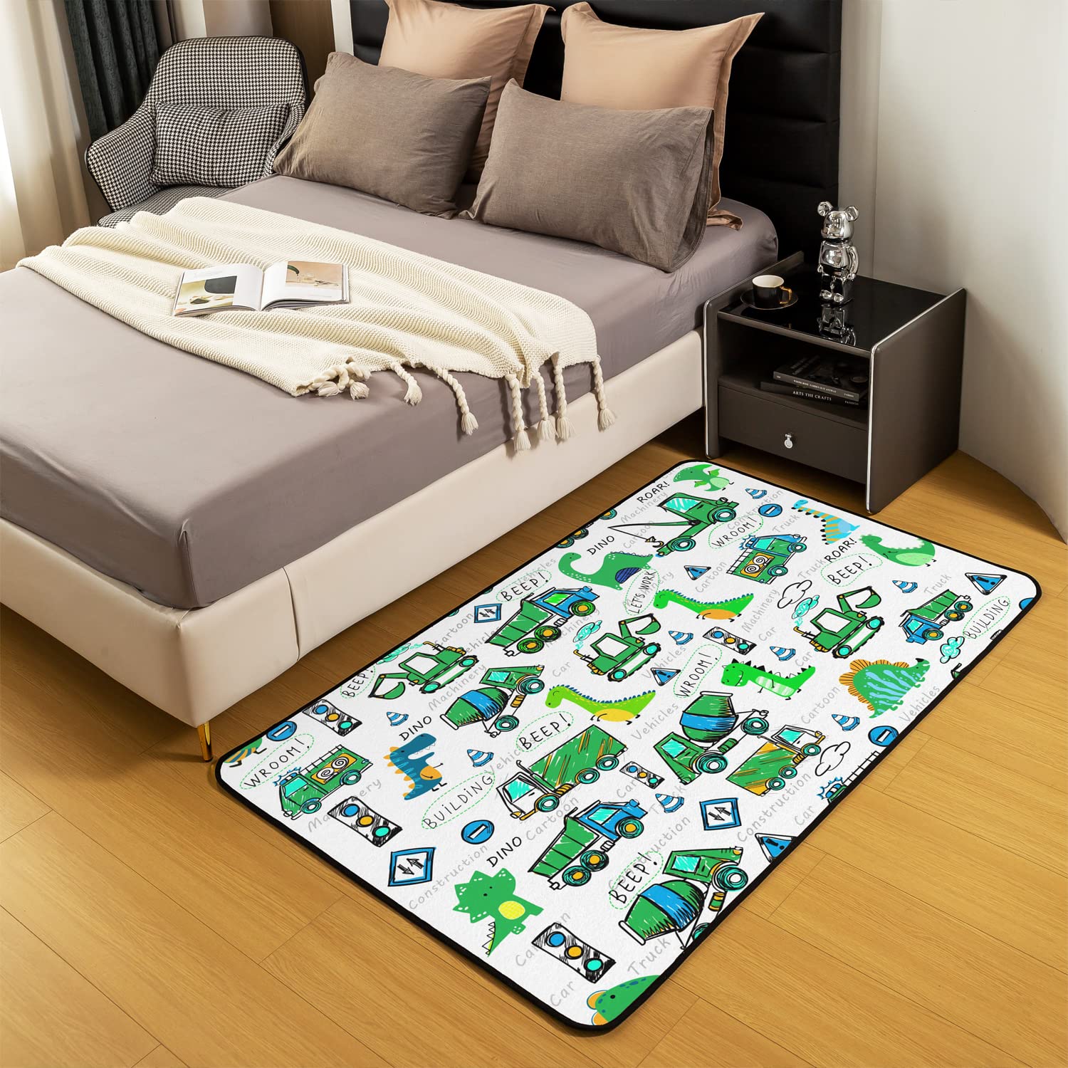 Tappeto dinosauro per soggiorno, camera da letto per bambini carino Dino area di costruzione tappeto attrezzature camion escavatore tappeto, dinosauri, macchine per camera da letto, tappeto verde 150