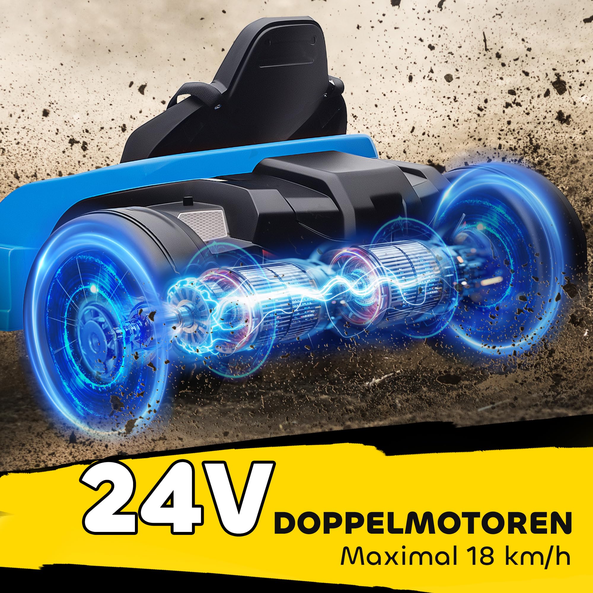 AIYAPLAY Kinder Elektro Gokart 24 V 6-18km/h Drift Kart mit 2 Motorn, Driftmodus, Verstellbarer Sitz, Go Kart mit MP3 Musik, USB-Anschluss, Sanft Start Kinderfahrzeug für 6-12 Jahre Blau