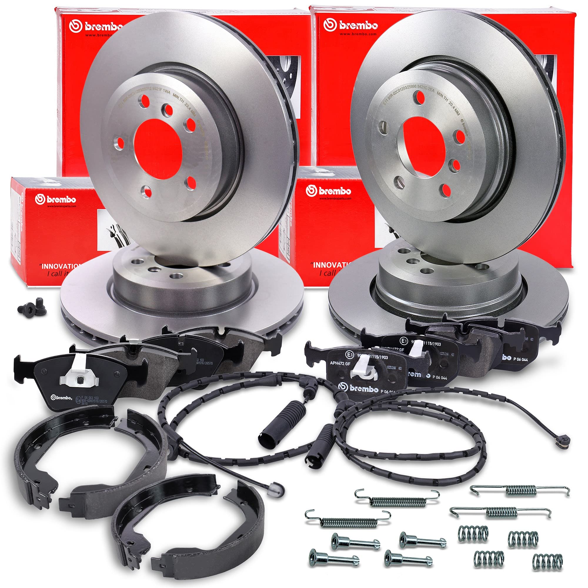 BREMBO Set di freni Coated Disc Line incl. dischi freno anteriori Ø 325 mm ventilati + posteriori Ø mm + pastiglie freno anteriori e posteriori + ganasce freno a mano Compatibile con BMW X3 (E83)