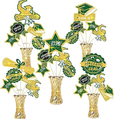 Decoraciones de fiesta de graduación, color oro verde 2024/oro verde, centros de mesa, 24 piezas de palos de graduación verde dorado y negro para