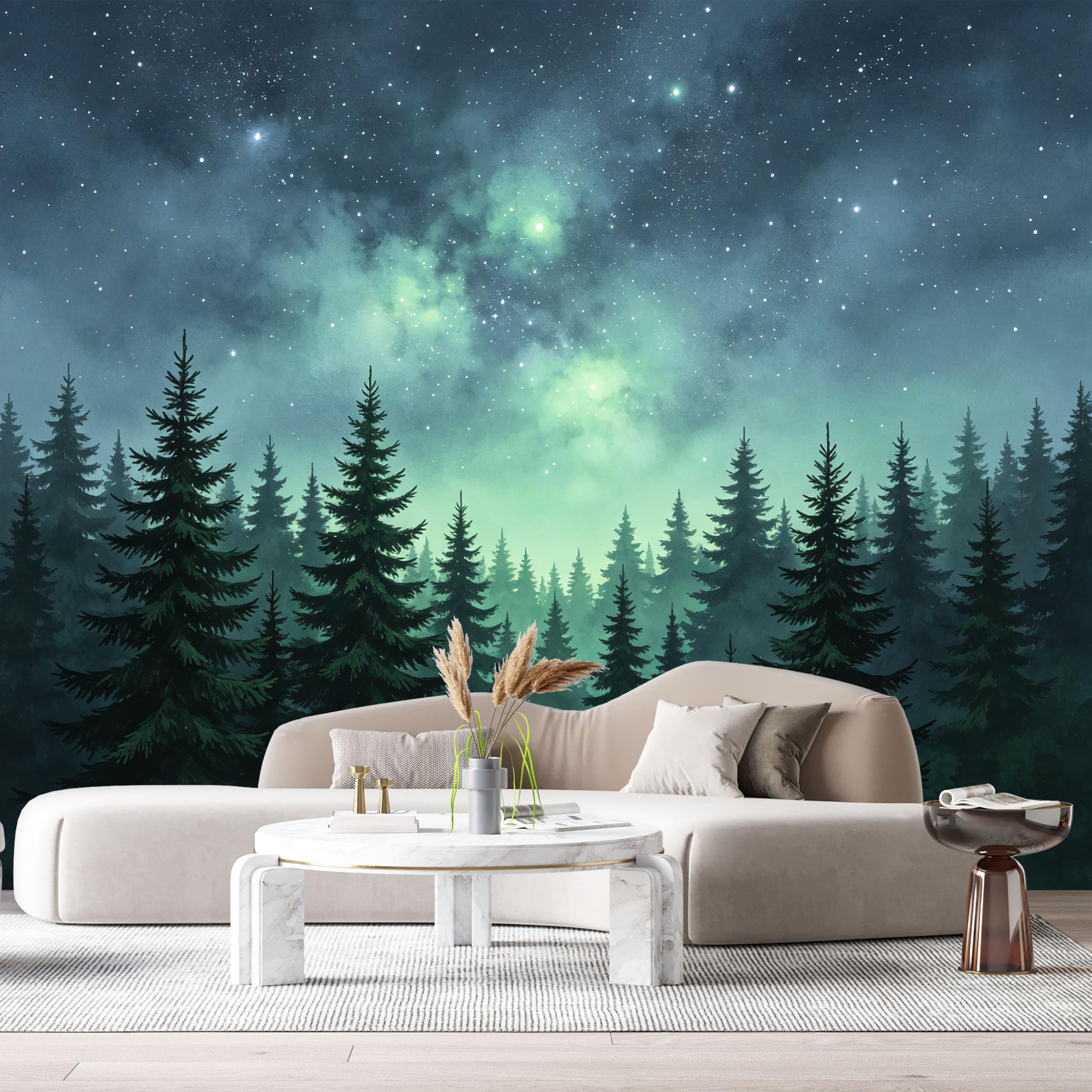 Custom Size Wall Murals Night Forest Landscape Watercolor Pine Trees Starry Sky SelfAdhesiveWall Fabric Removable Wallpaper Wall Decor for Living Room Bedroom Bathroom