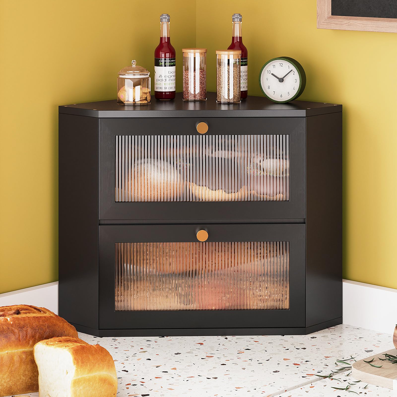 VEDECASA Contenitore per il pane in bambù per cucina, a 2 ripiani, angolare, con porta in acrilico trasparente, per uso alimentare, contenitore per il pane con ampio spazio per il piano di lavoro