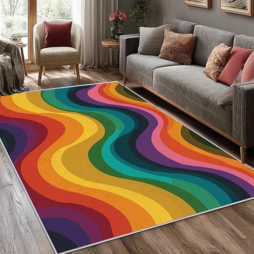 Rainbow Wavy Rugs for Living Room, 3x5 Retro 70s Abstract Colorful Striped Area Rug, Rainbow Wavy Decor for Home Bedroom, Non Slip Washable Soft