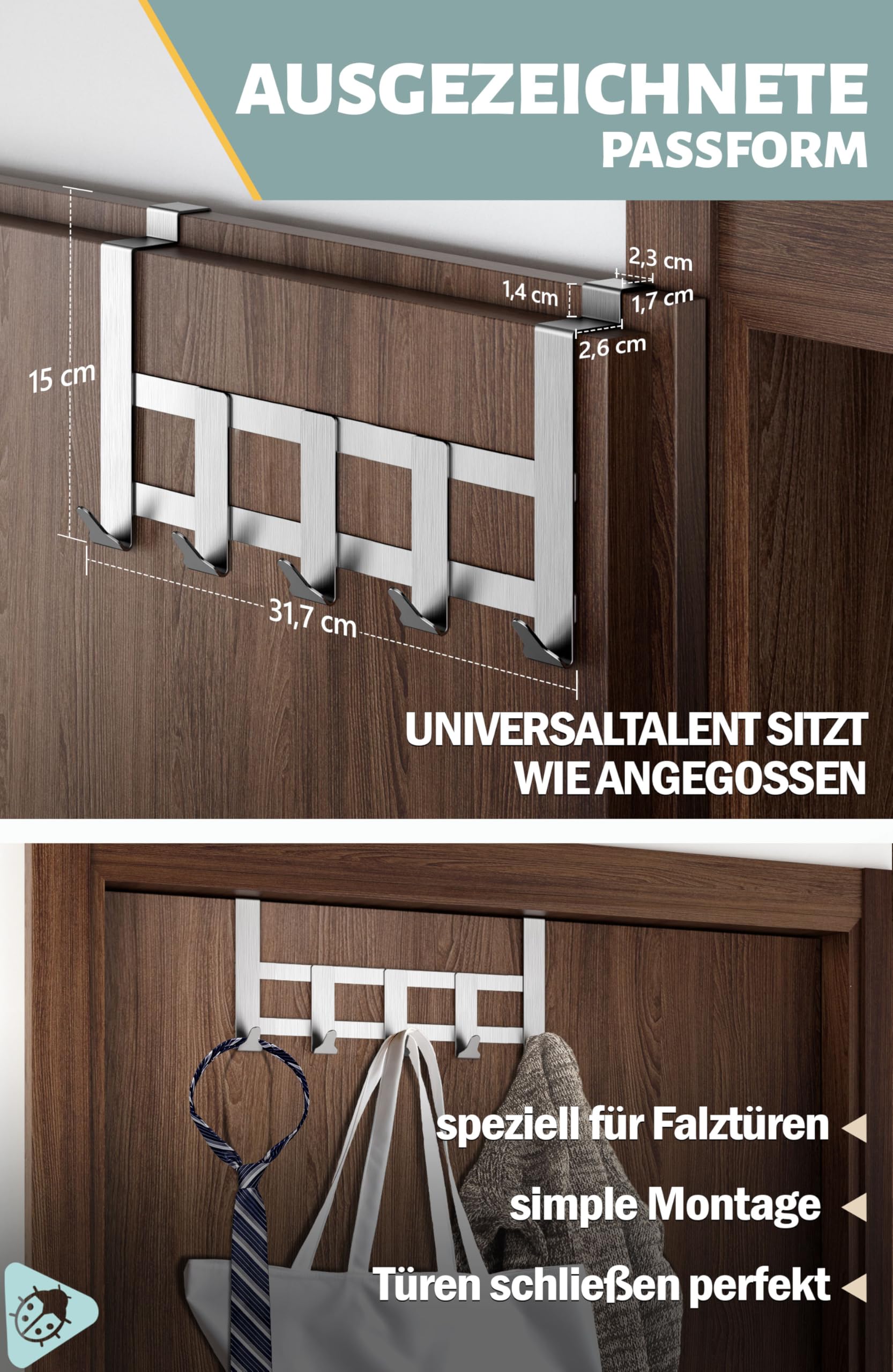 Menz Premium Türgarderobe - Edelstahl Türhakenleiste Innenseite, belastbare Türhaken zum Einhängen Tür-Rückseite - Hochwertige Türgarderobe mit 5 Haken zum Einhängen