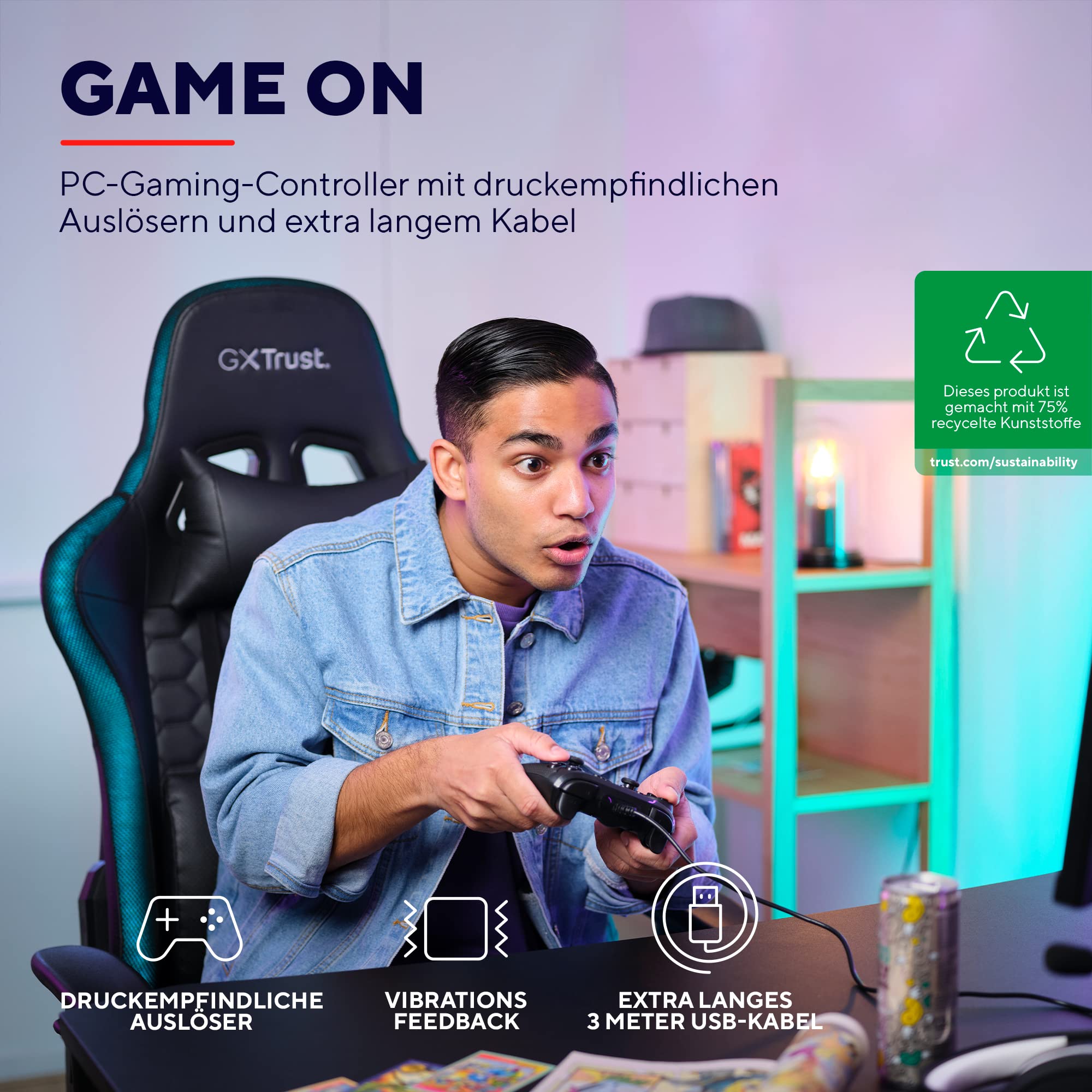 GXTrust Trust Gaming GXT 541 Muta PC Controller Kabelgebunden, 75% Recycelten Materialien, 3m USB-Kabel, 15 Tasten, Vibrations-Feedback, Joystick Gamepad mit Kabel für Computer, Laptop, Windows 10/11