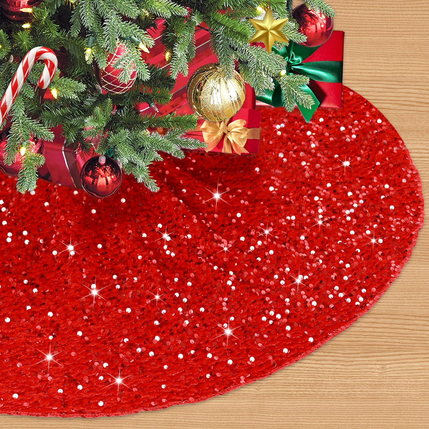 Christmas Red Tree Skirt 21 Inch Luxury Velvet Christmas Tree Skirts Glitter Embroidered Sequins Tree Skirt Xmas Decoration for Christmas Tree Mini Santa Tree Stand Cover for Party Home Decor