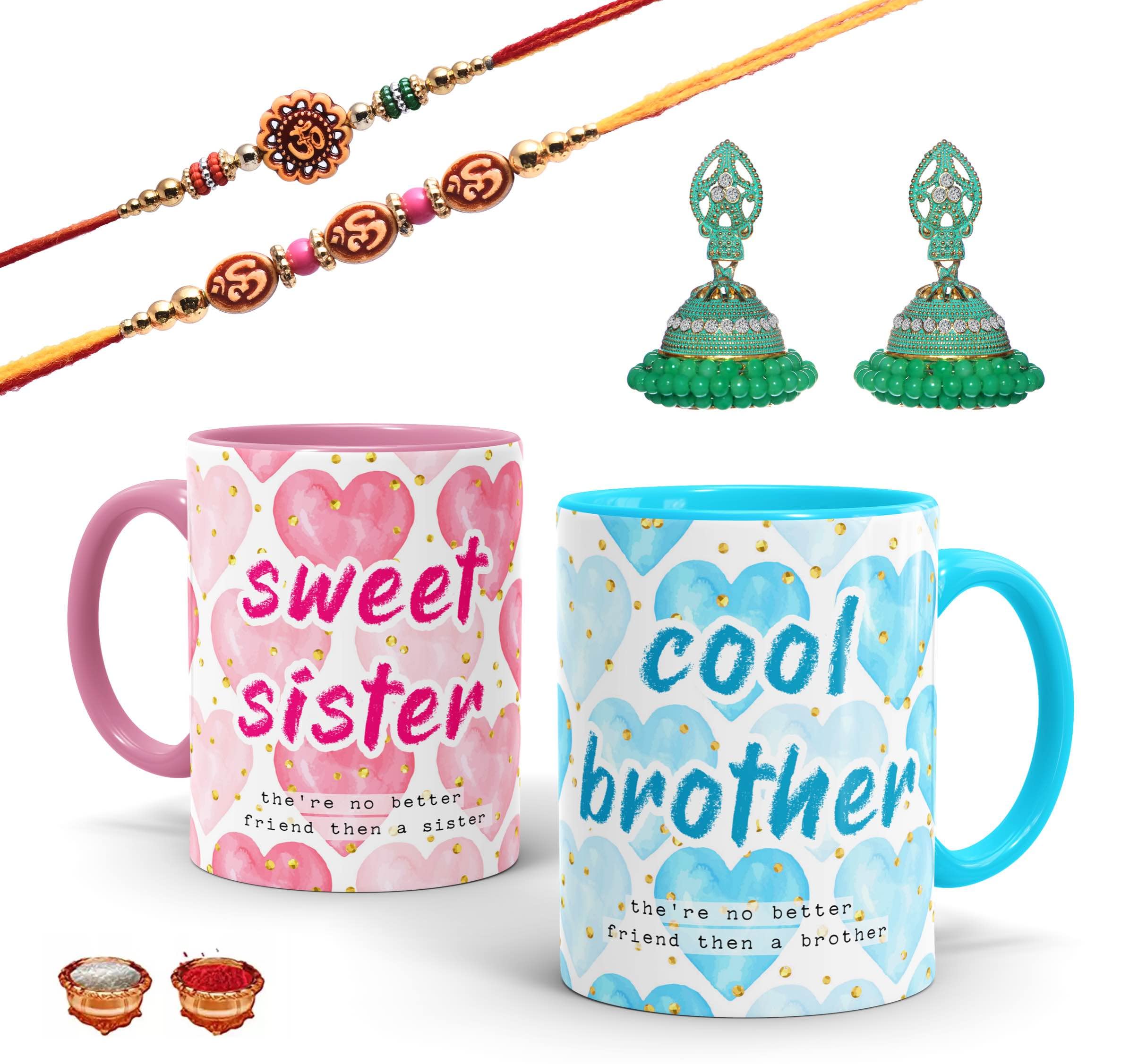 Laxmita Perfection Brother Sister Inner Color Coffee Mug Gift Combo | 2 Coffee Mug,2rakhi,1pair Earring,1roli pac | Rakhi for Brother & Sister Rakhi Gift for Sister& Brother . BS7-SKYPK-DI-E2