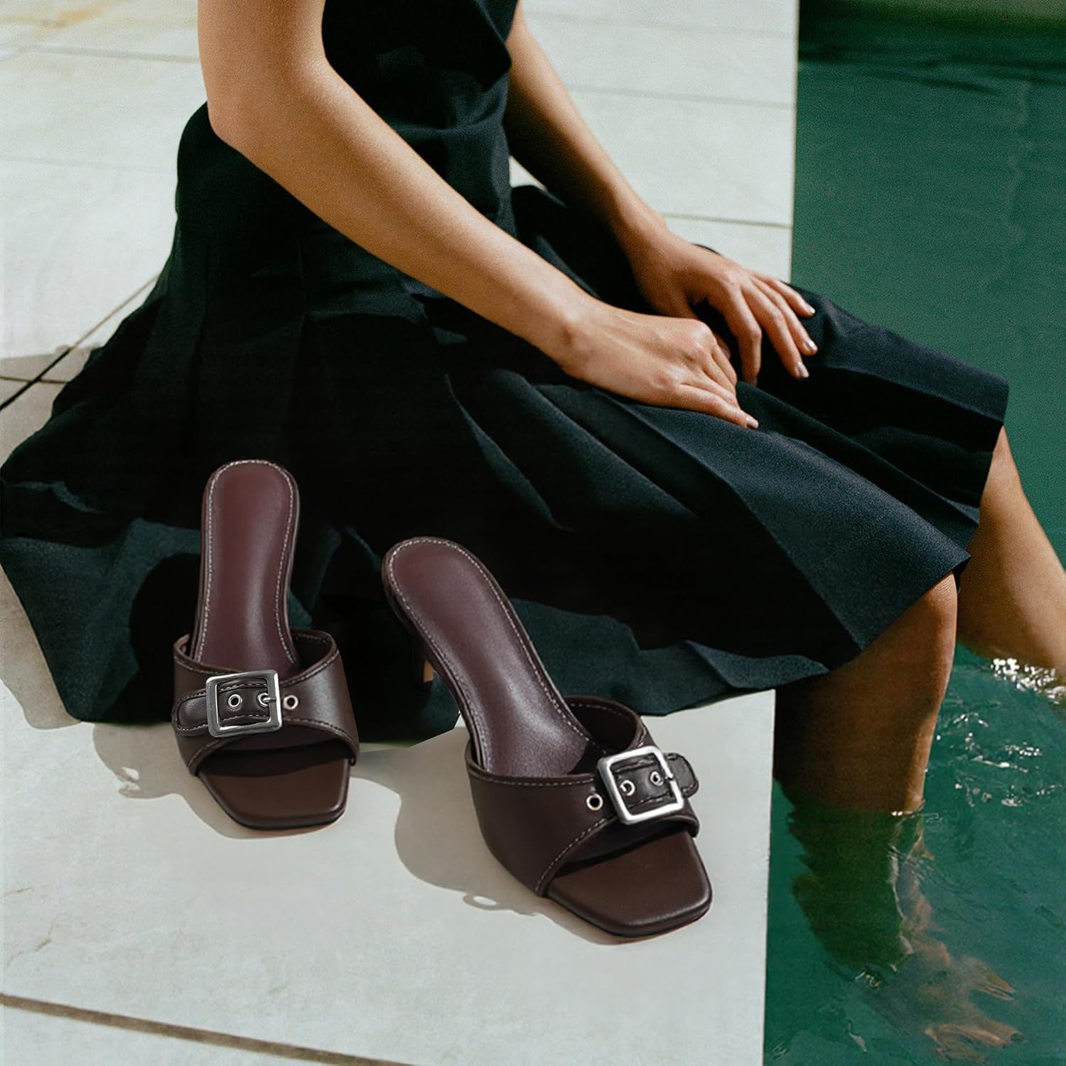 Lovee Cosee Kitten Heels Sandals for Women Square Open Toe Low Heel Slip On Buckle Strap Heeled Sandals Comfortable Walking Party Office Work Outfit - Image 6