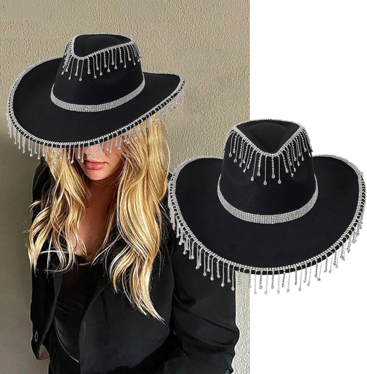 SHU GE Cowboy Hat,Fringe for Woman Male Breathable Hat with Rhinestones Fringe Banquets Party Photography Hat Black