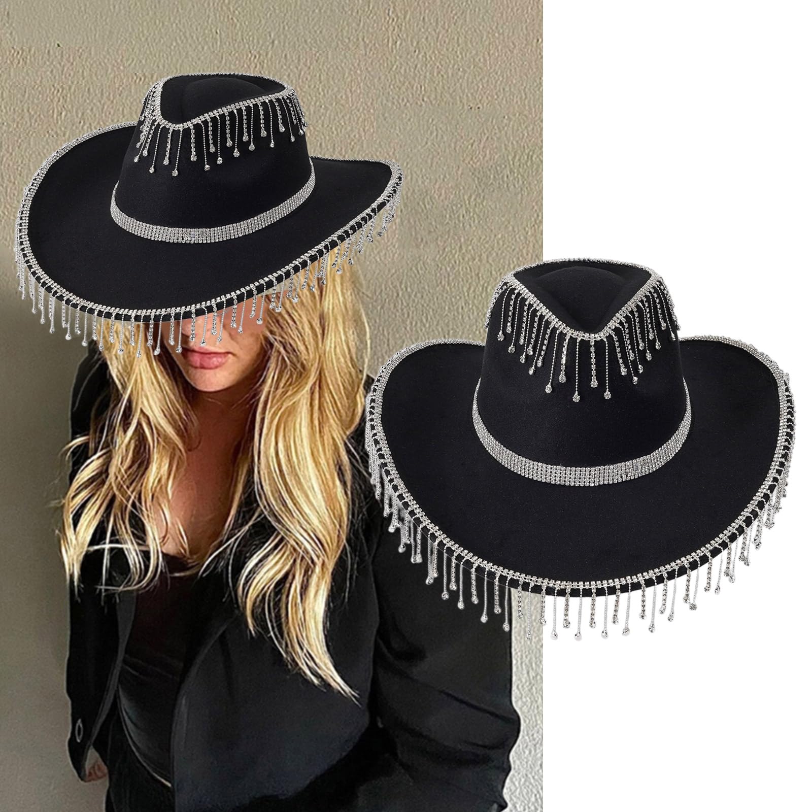 Sombrero ligero con flecos de diamantes de imitación para mujer, sombrero de fieltro para mujer, sombrero de fiesta occidental para hombre, resistente al viento