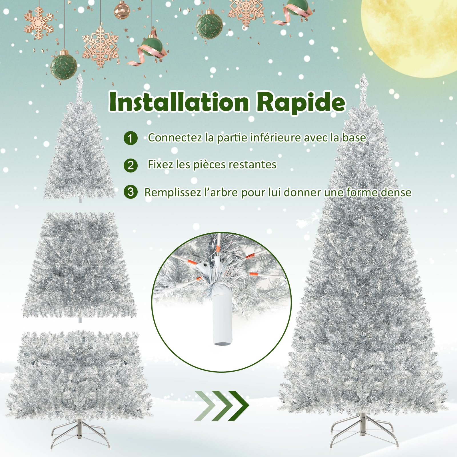GYMAX Sapin de Noël Artificiel Lumineux 180 CM, avec 790 Branches & 300 Lumières LED Blanc Chaud & Support Pliable en Métal Pliable & Charnière, pour Bureau/Maison/Intérieur/Extérieur