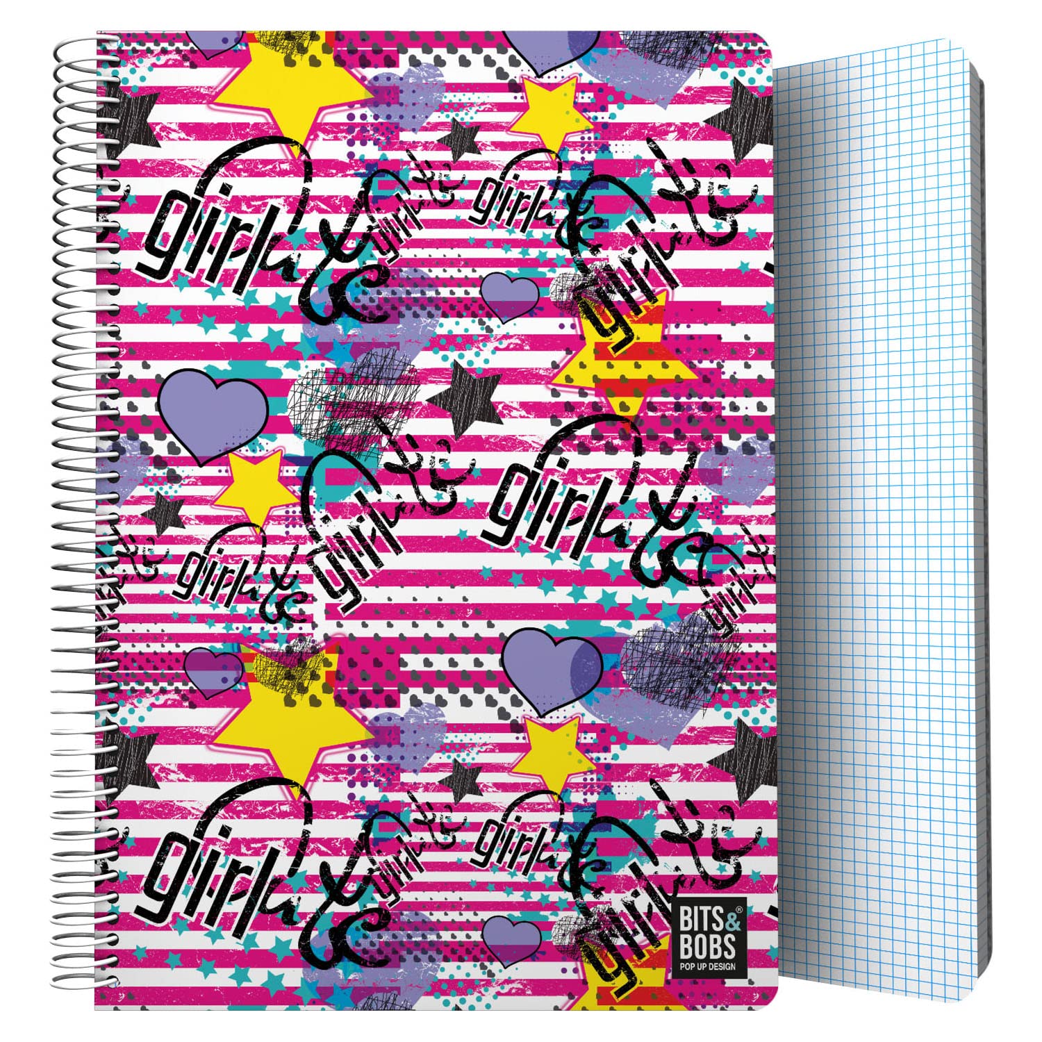 Grafoplás | Plastic Cover Notebook | 80 Squared Sheets 4x4 90 g | Folio Size | Spiral | Bits & Bobs Pop Up Design Girl Collection | FSC Certified