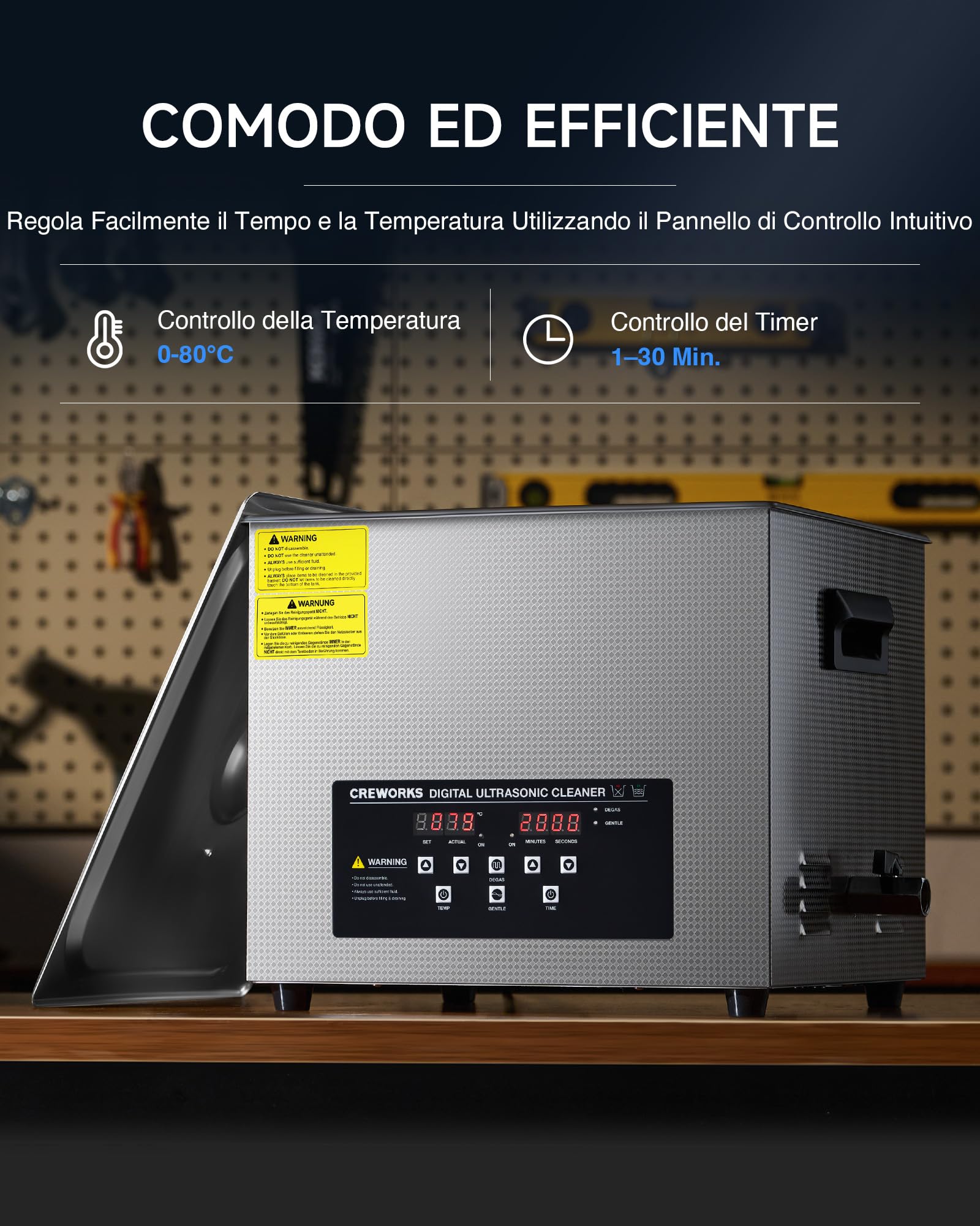 CREWORKS 15L Pulitore Ultrasuoni Industriale con 450W Riscaldatore e Timer Digitale 360W Vasca Ultrasuoni in Acciaio Inossidabile con Modalità Degas e Delicata per Strumenti Utensili e Ricambi Auto
