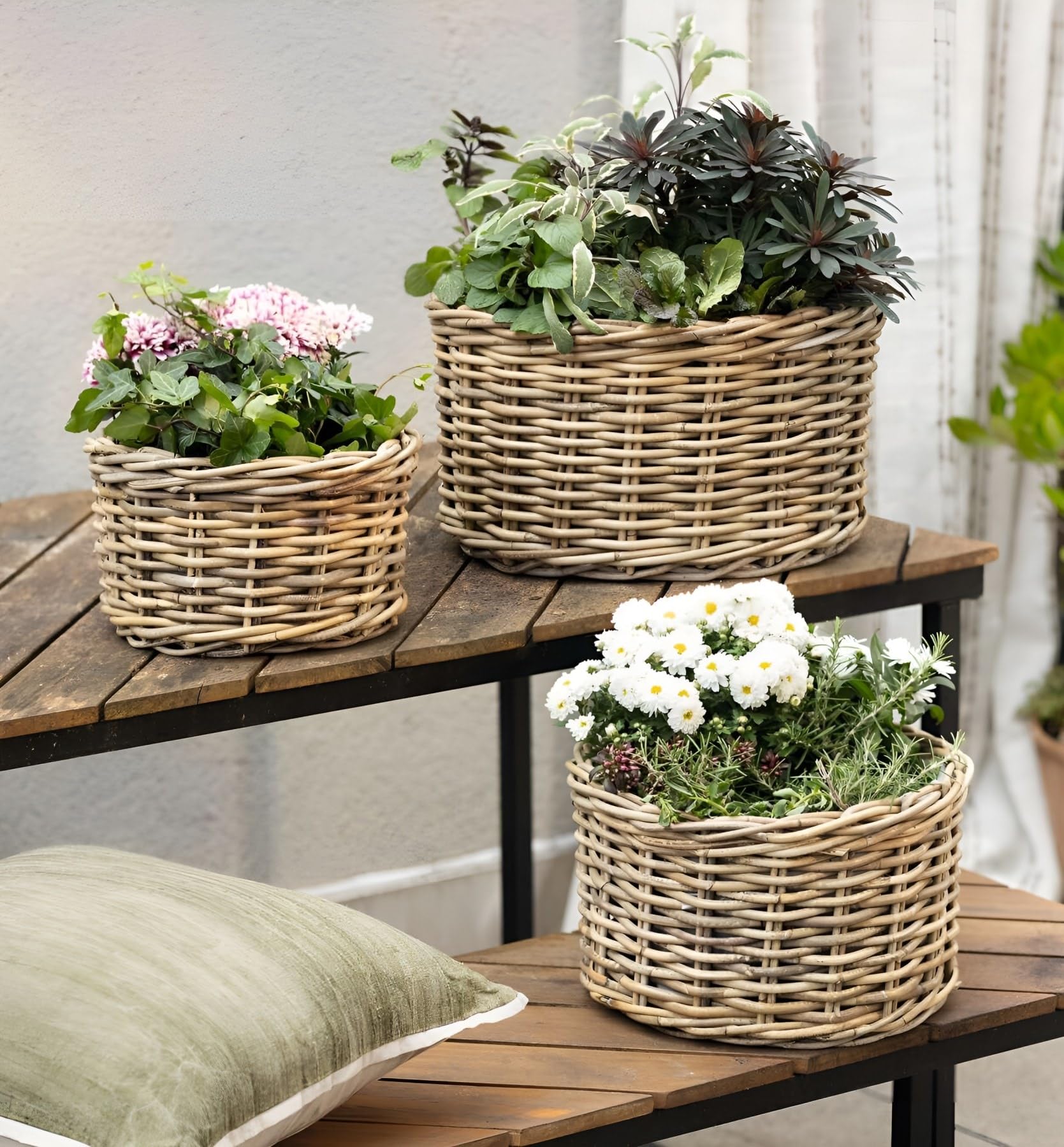 3x Outdoor Pflanzkorb "Koboo Grey" Ø 26 32 40 cm, Rattan Blumentopf | Pflanzkübel, Pflanztopf geflochten für Draußen, Blumenkübel, Korb