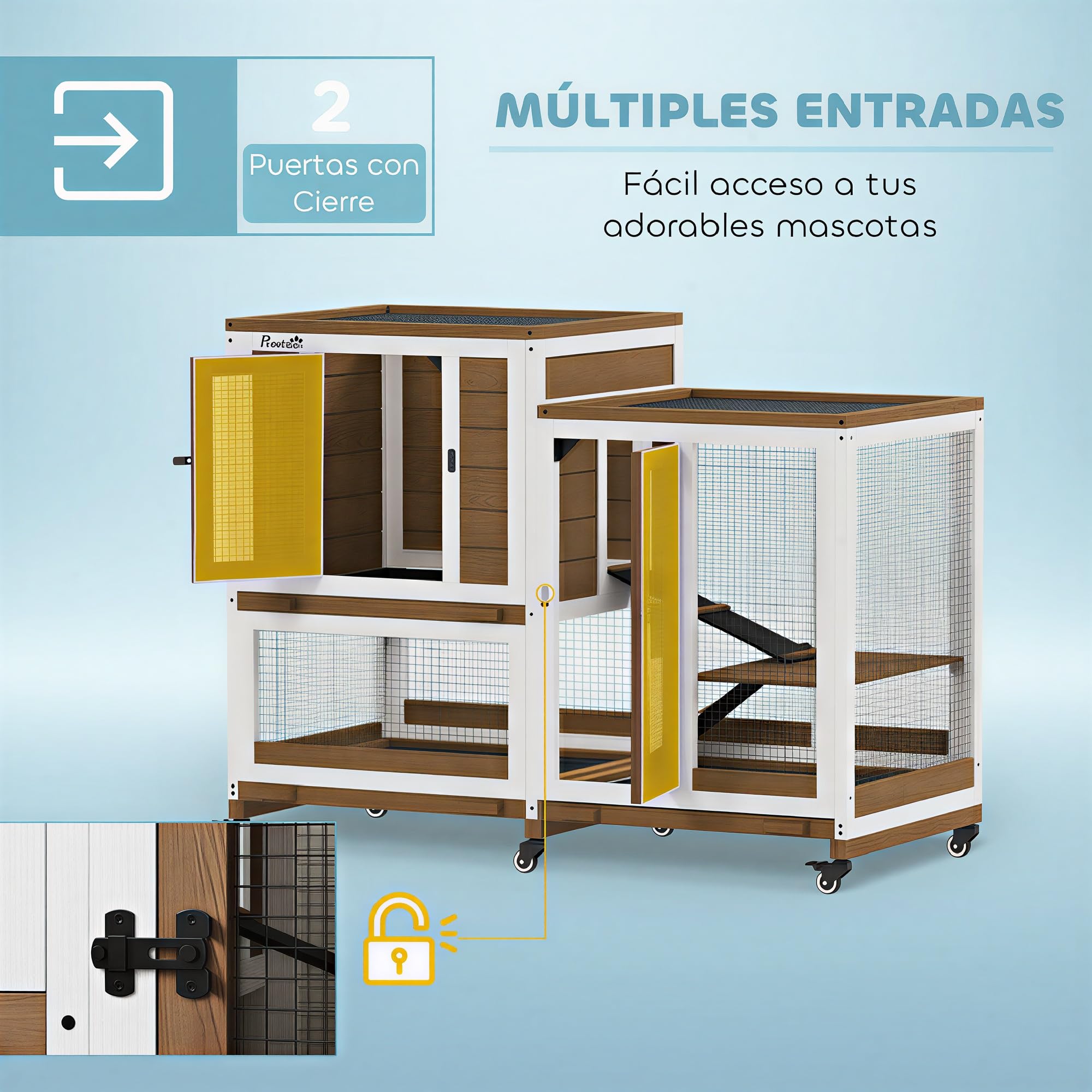 PawHut Conejera de Madera de 2 Niveles Jaula para Conejos con 6 Ruedas 2 Escaleras 3 Bandejas Extraíbles Puertas con Cerraduras y Zona Abierta Conejera para Interior 110x50x86 cm Marrón