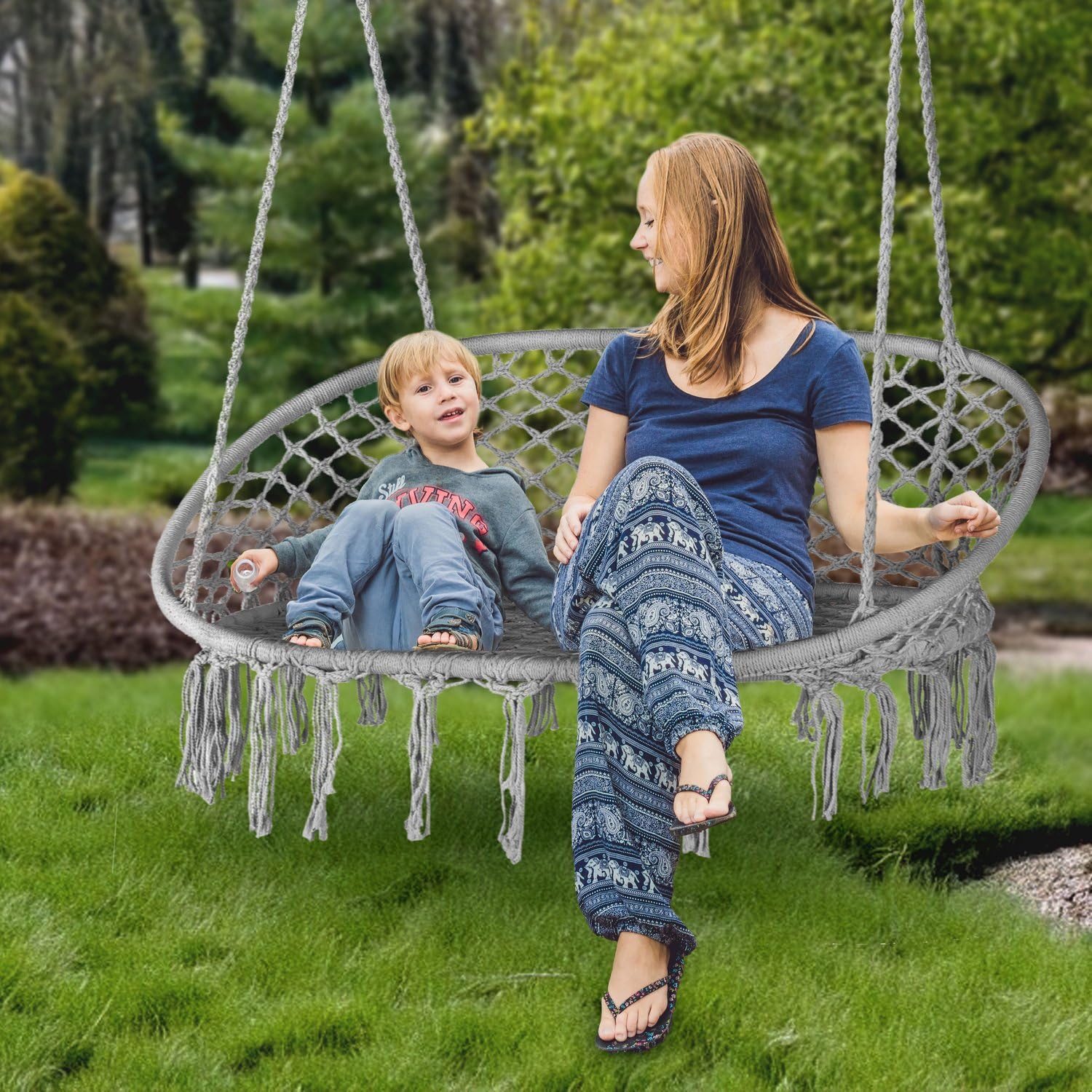 Fauteuil Suspendu 2 Personnes XXL, Double Chaise Suspendue Exterieur de jusqu'à 200 kg, Boho Chaise Hamac Suspendu Interieur, Fauteuil Balancoire Bohème, Ideal pour Jardin, Gris