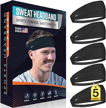 5 Pack Sport Headbands for Men & Women - Sweat-Wicking Workout & Running Head Bands - Exercise Sweat Band for Workout, Basketball, Tennis, Cycling, Yoga